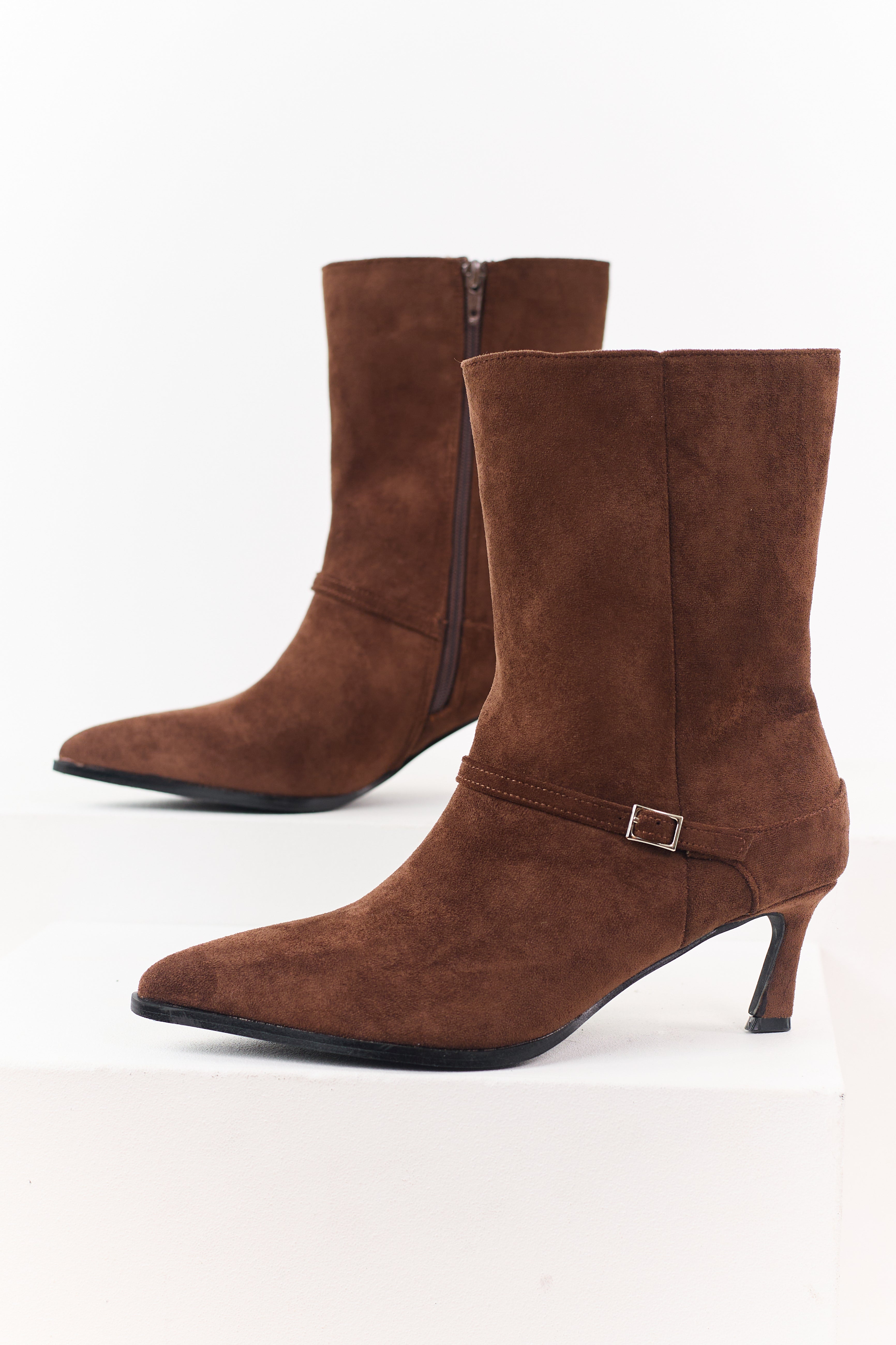 Coffee Faux Suede Kitten Heel Booties