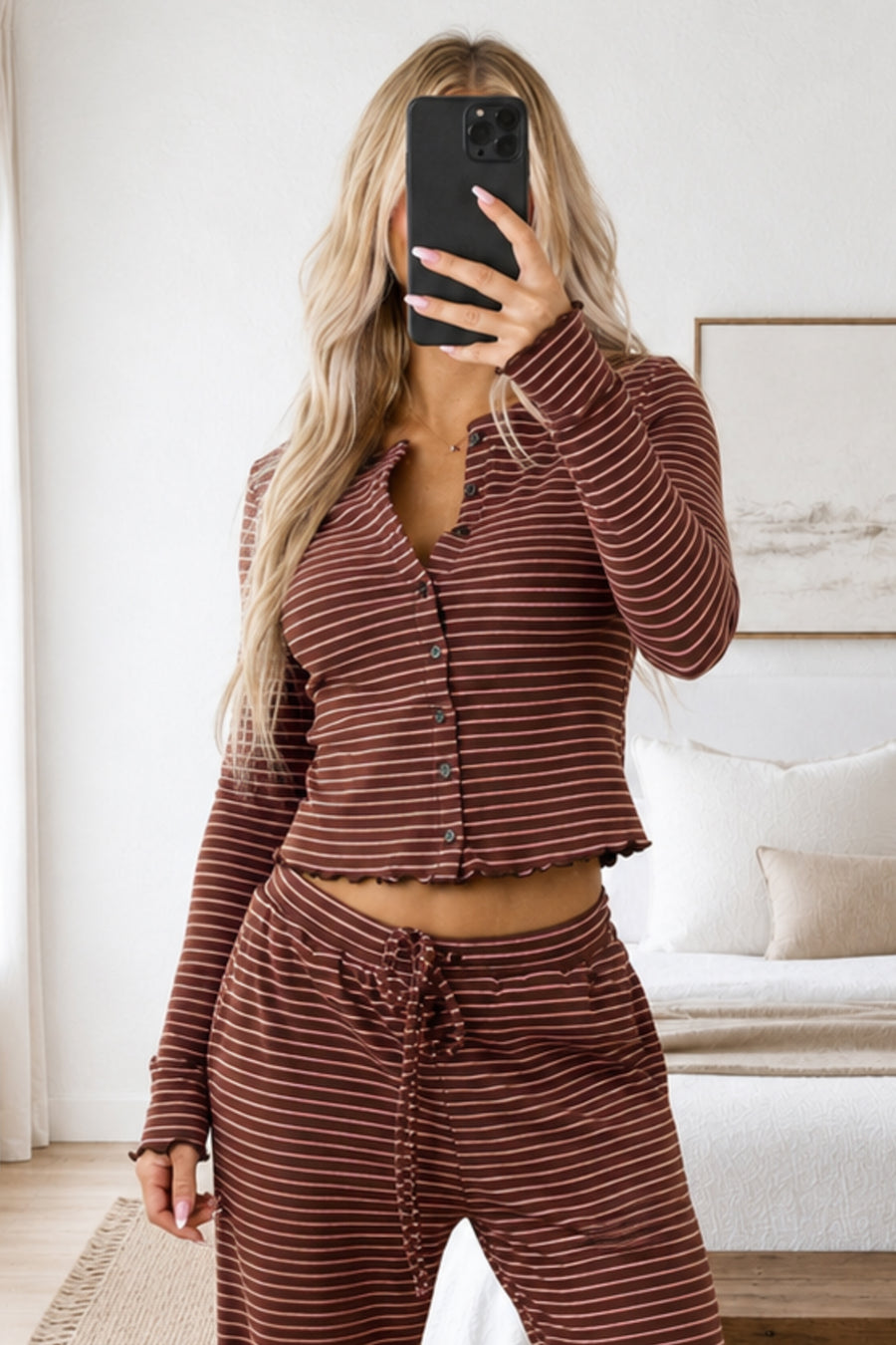 Coffee Striped Knit Button Down Long Sleeve Top