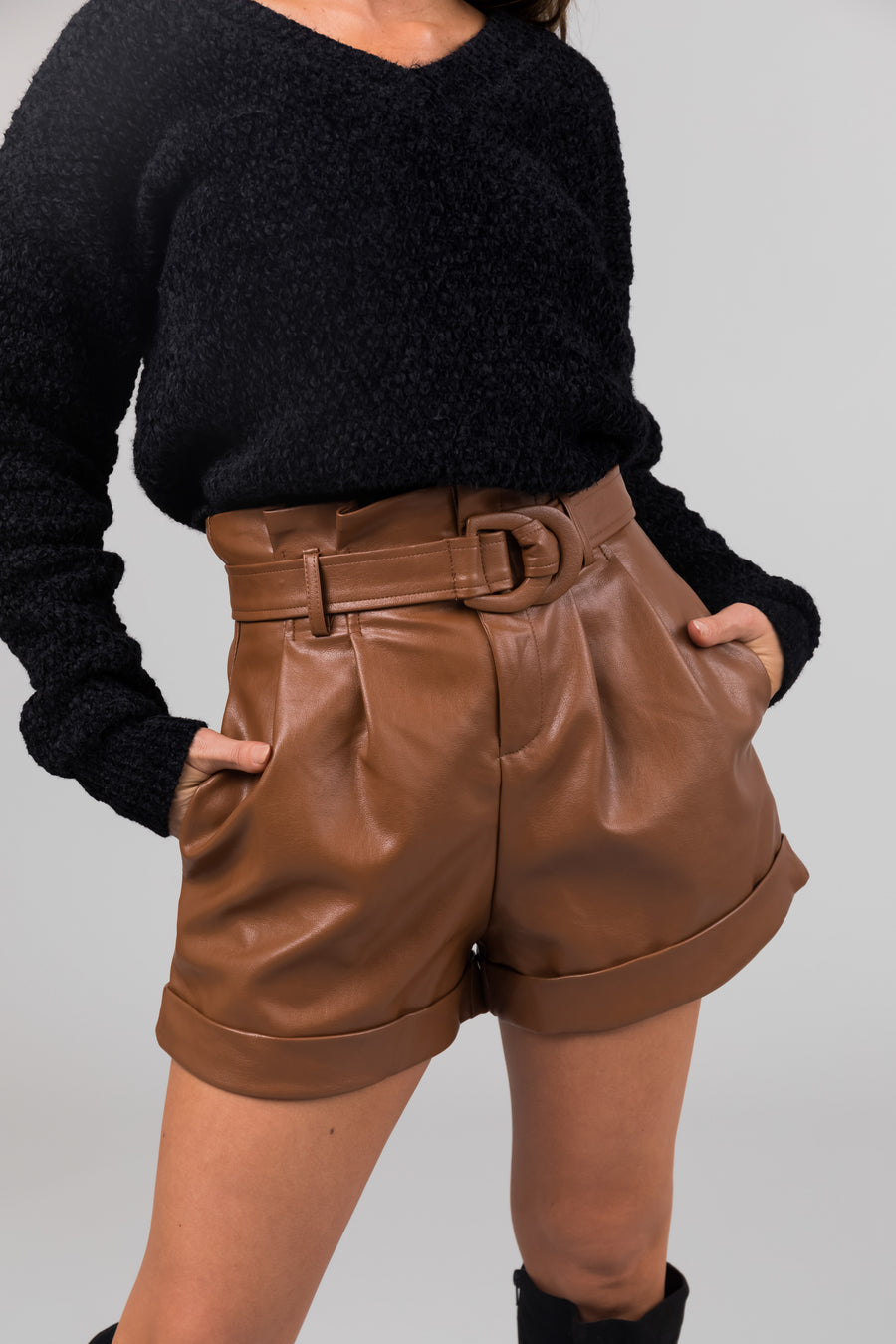 Cognac Belted Faux Leather Cuffed Shorts