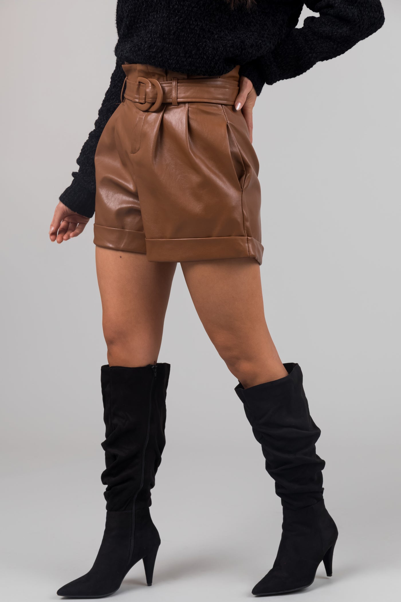 Cognac Belted Faux Leather Cuffed Shorts