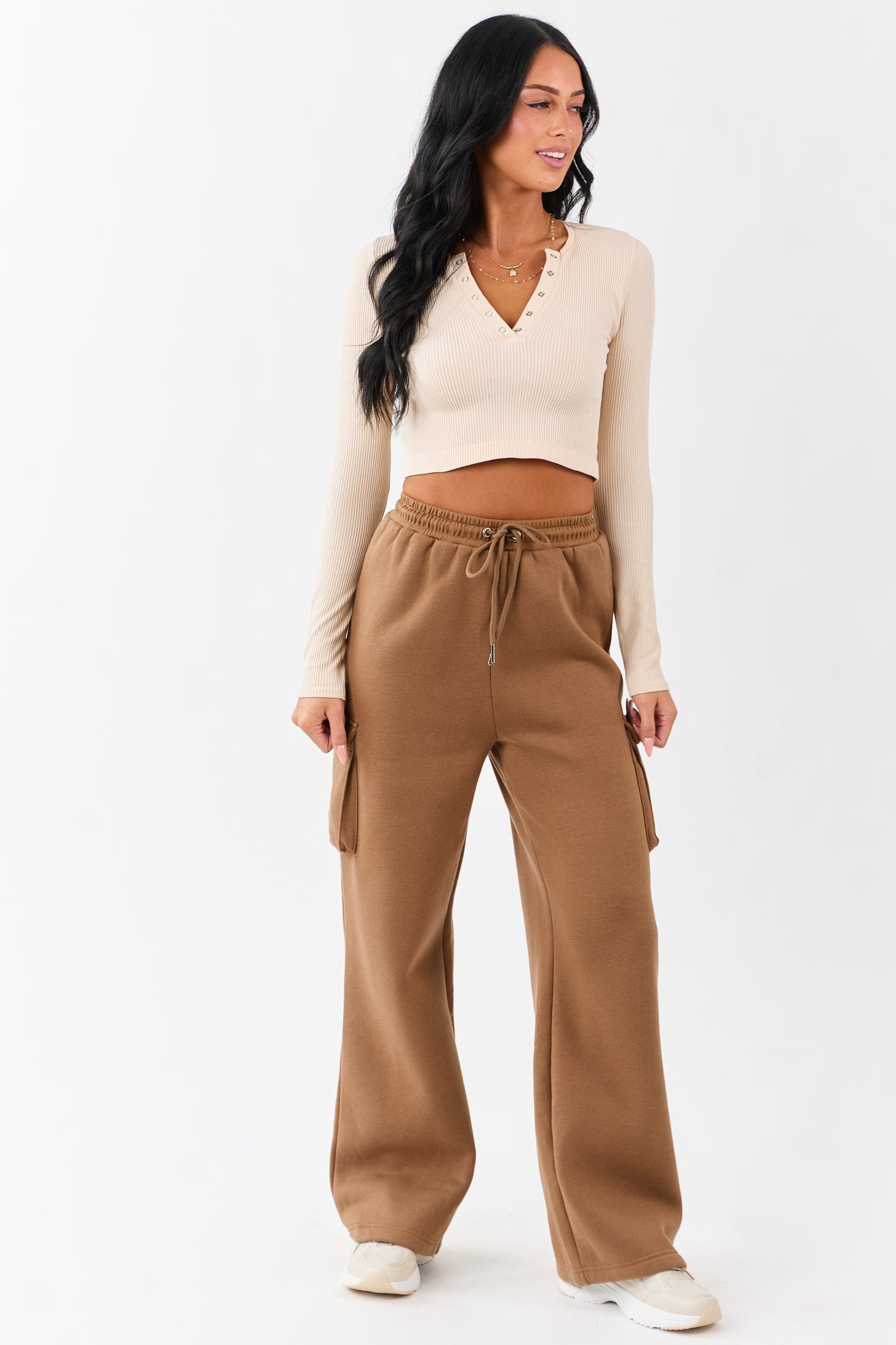 Cognac Elastic Waist Knit Cargo Sweatpants