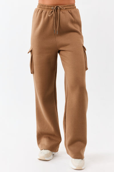 Cognac Elastic Waist Knit Cargo Sweatpants