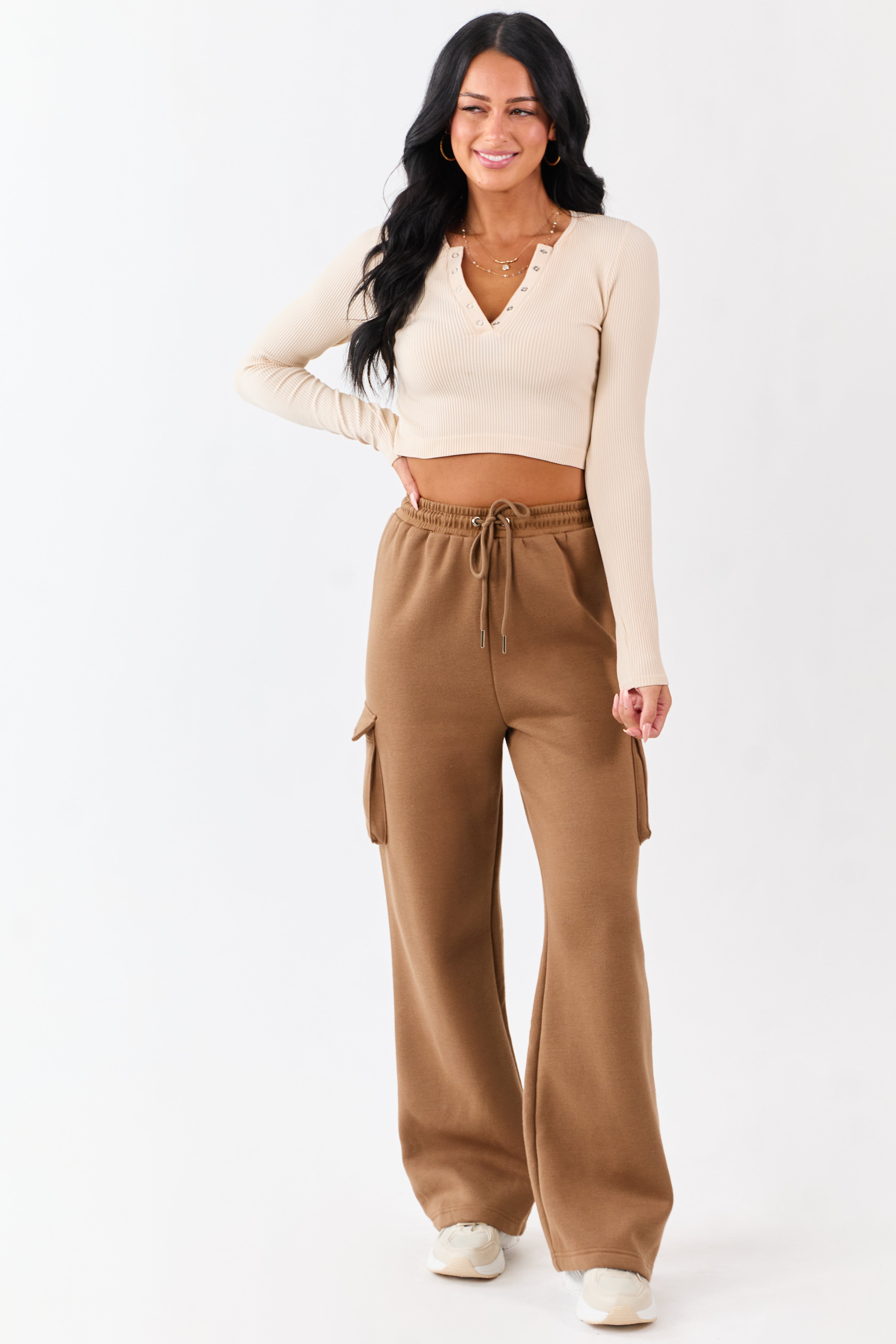 Cognac Elastic Waist Knit Cargo Sweatpants | Lime Lush Boutique