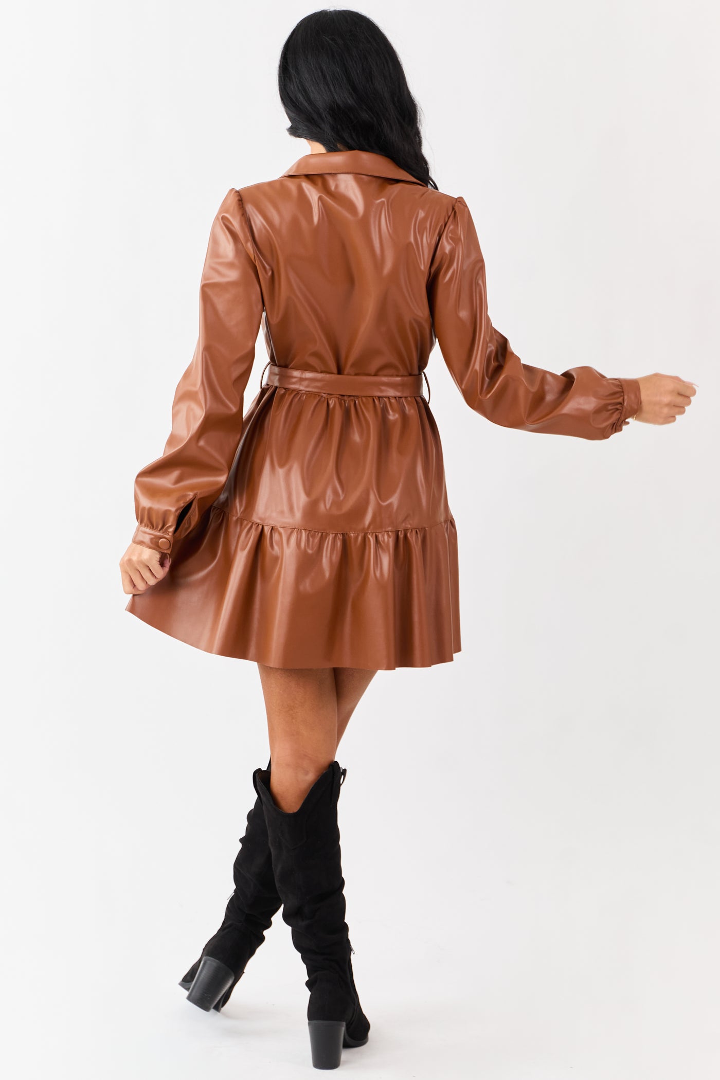 Cognac Faux Leather Button Down Mini Dress