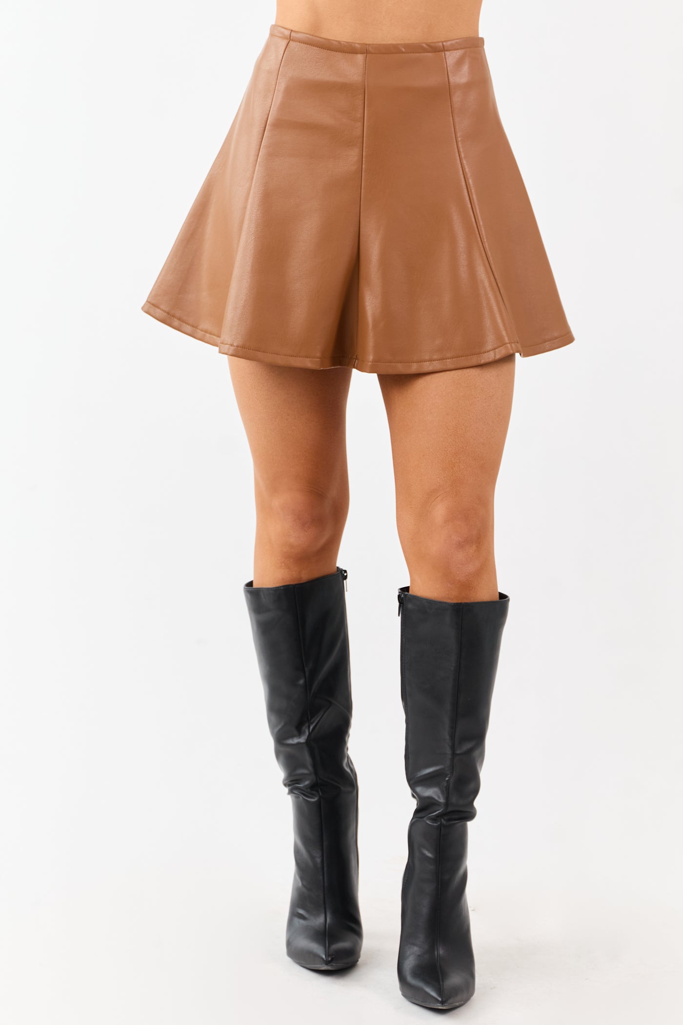 Cognac Faux Leather Flare Mini Skirt