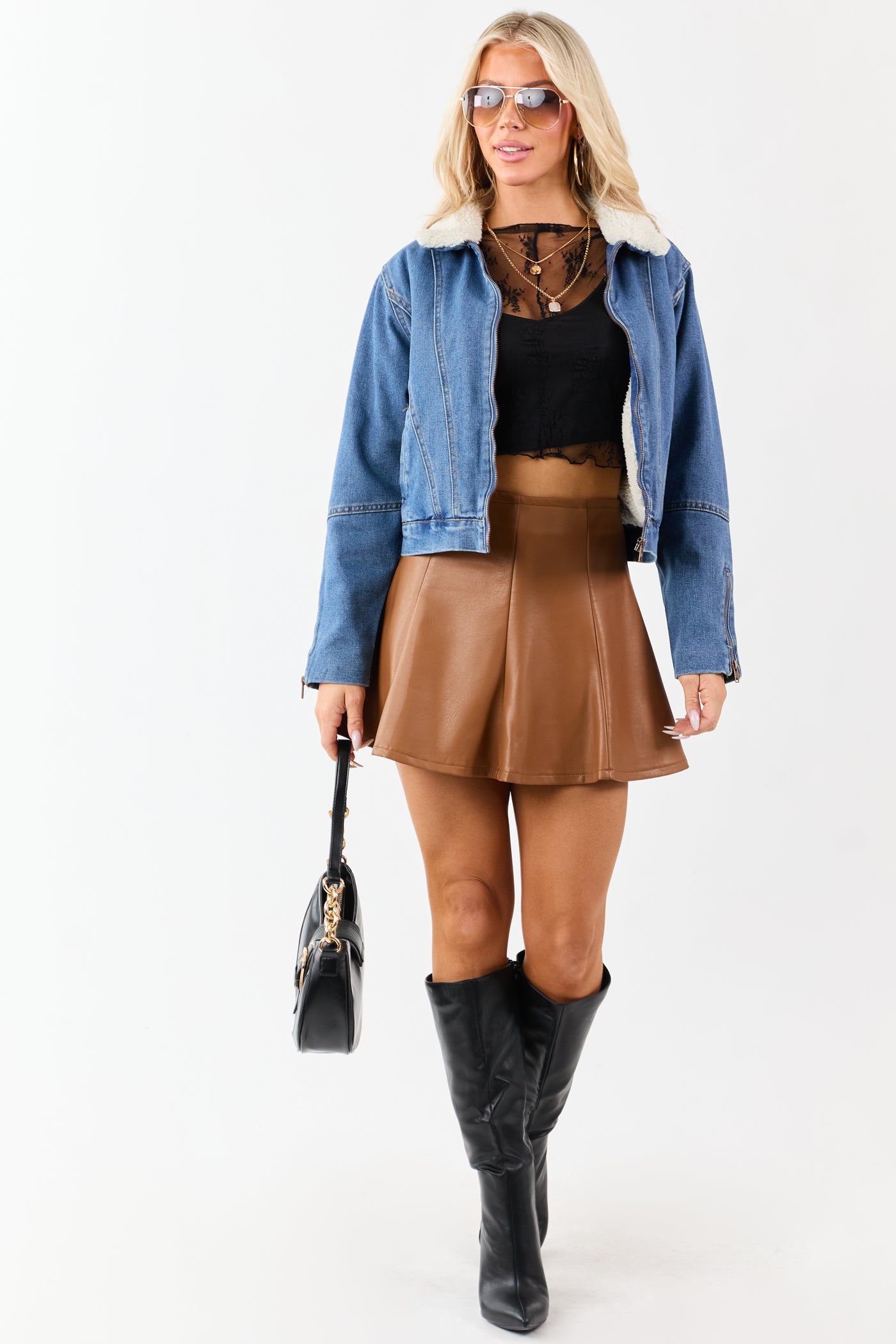 Cognac Faux Leather Flare Mini Skirt
