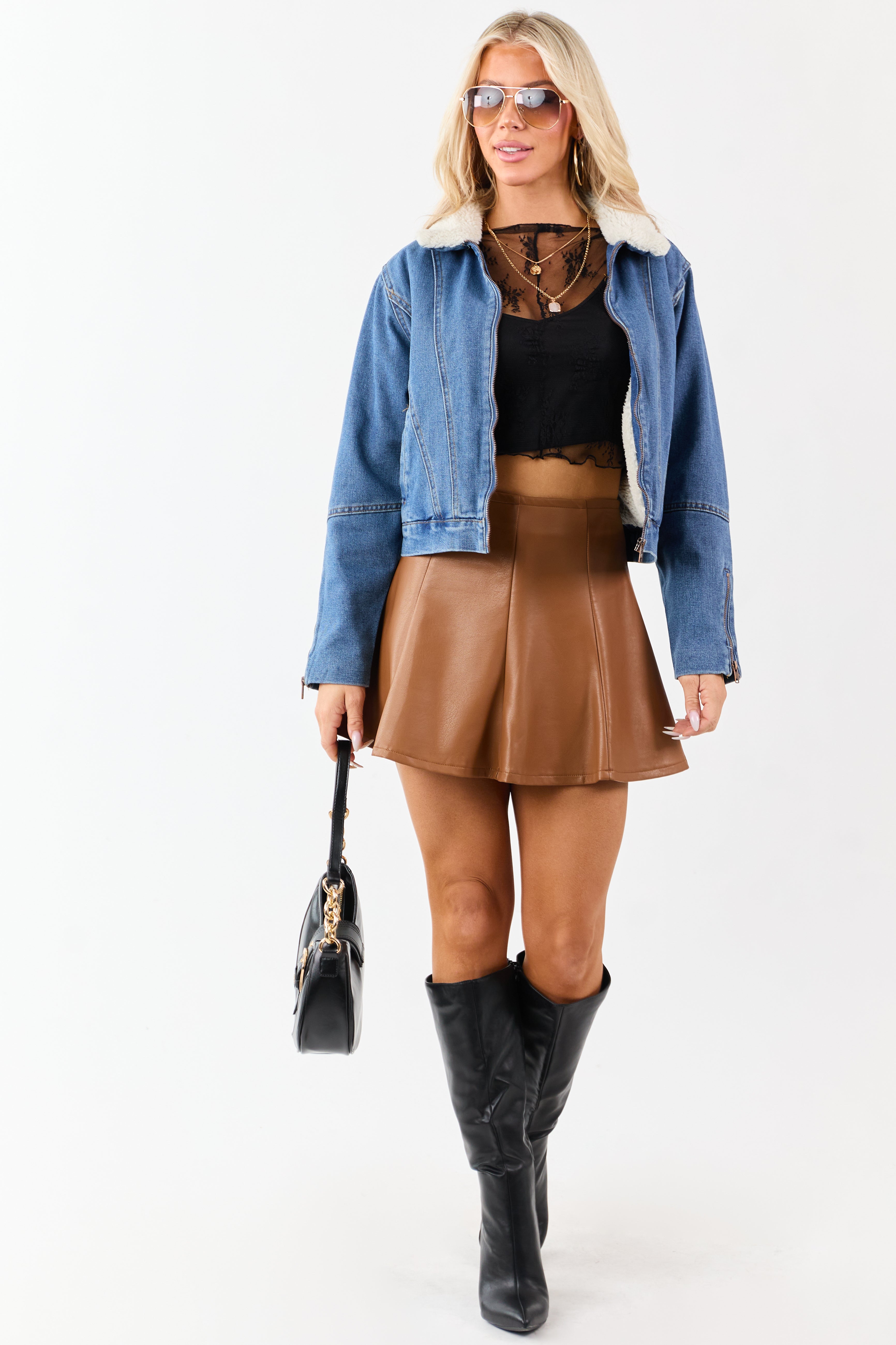 Cognac Faux Leather Flare Mini Skirt