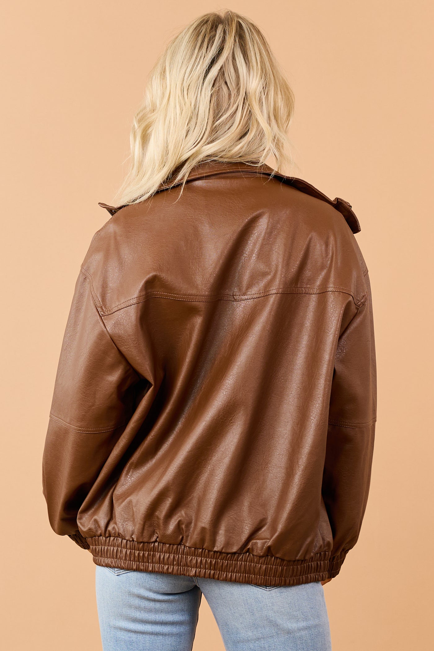 Cognac Faux Leather Hidden Zipper Jacket