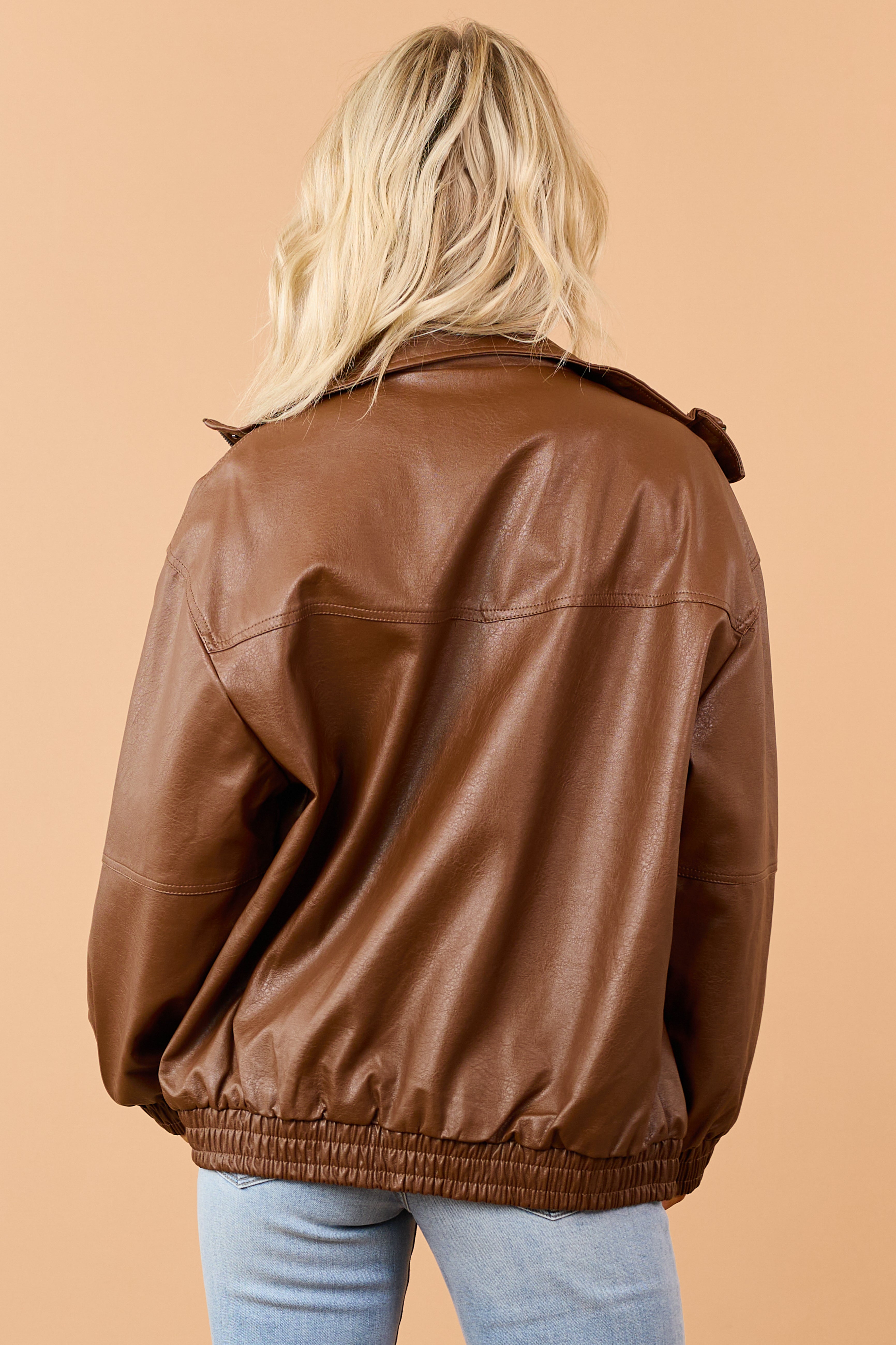 Cognac Faux Leather Hidden Zipper Jacket