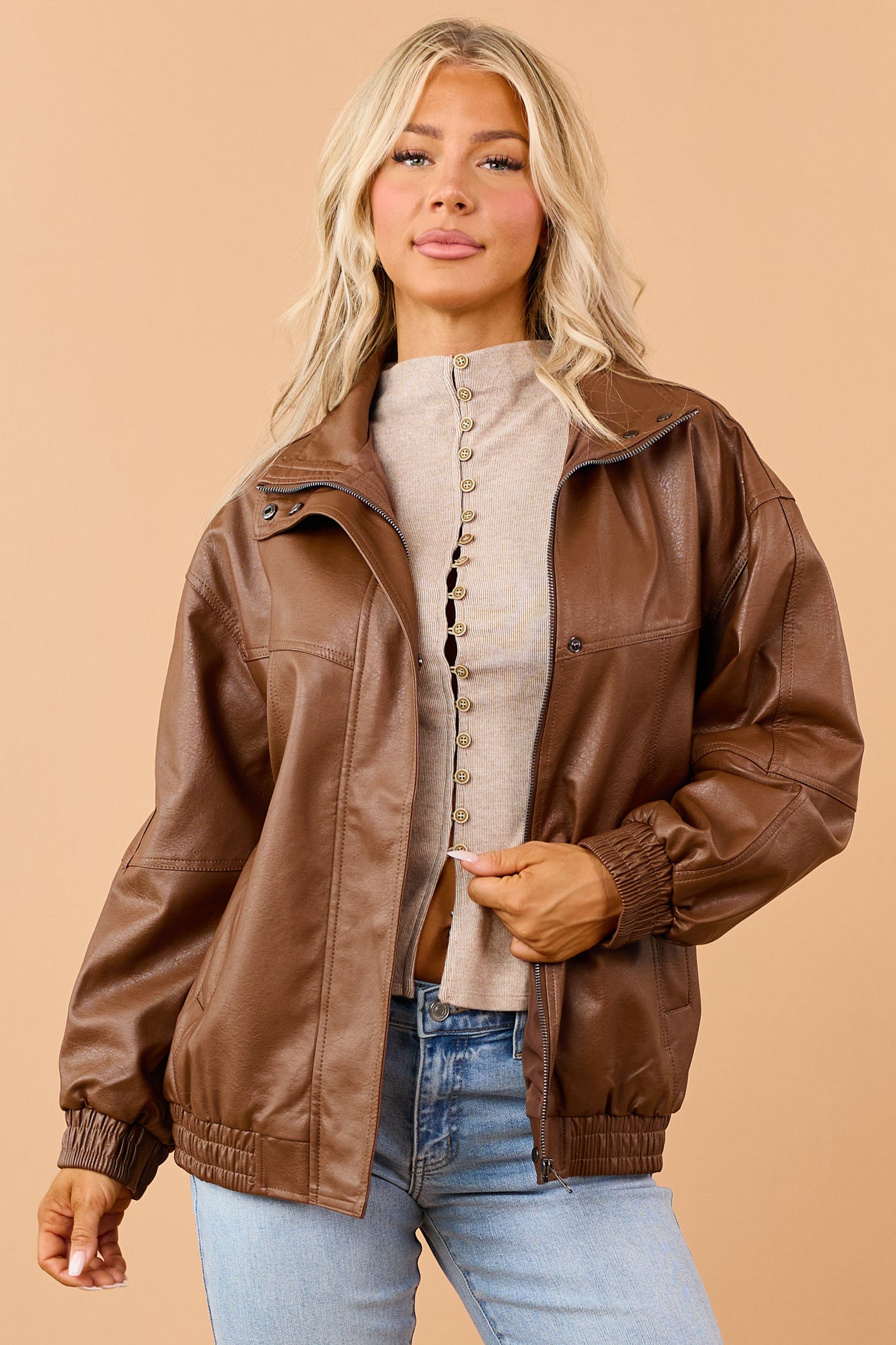 Cognac Faux Leather Hidden Zipper Jacket