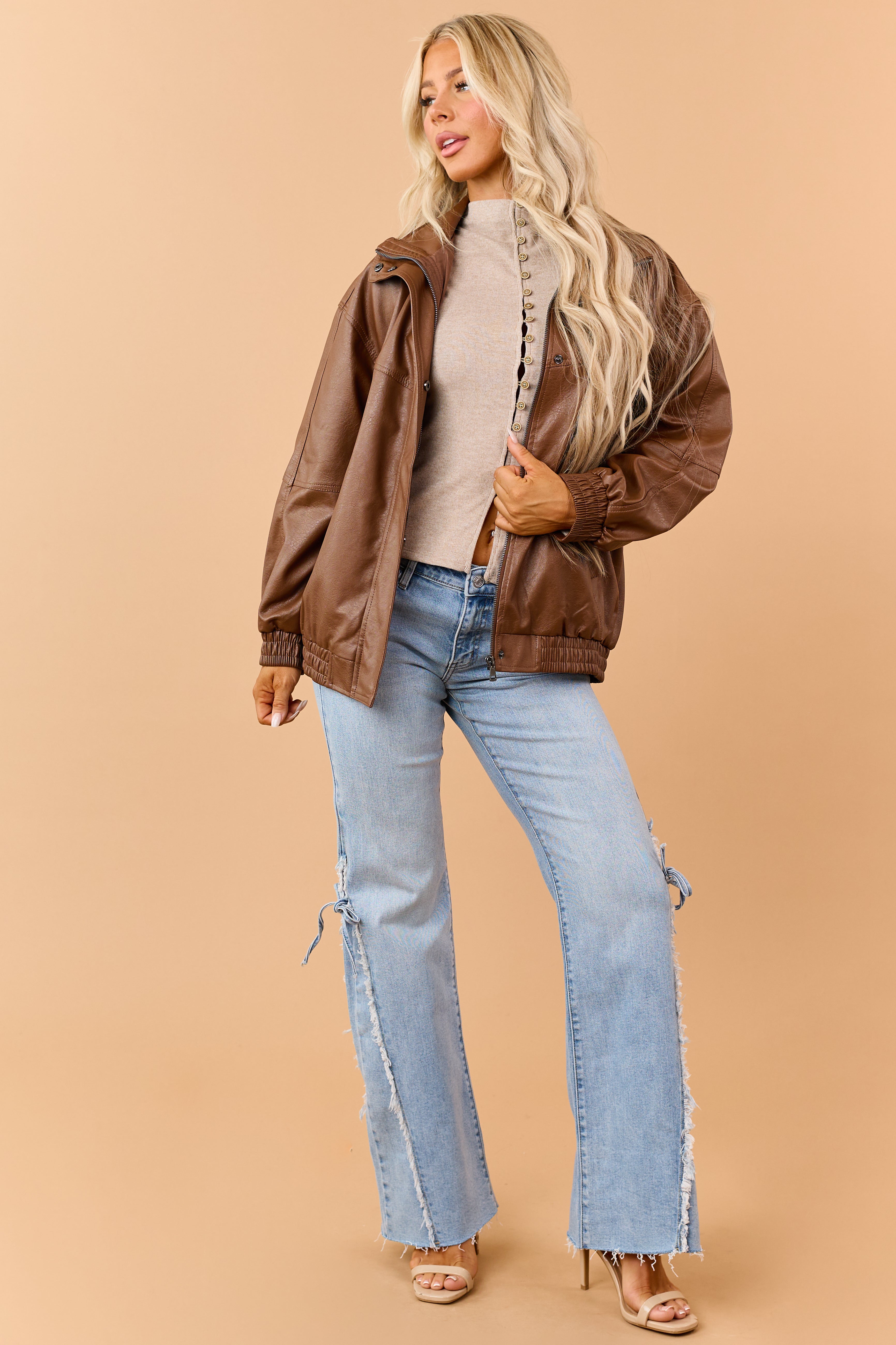 Cognac Faux Leather Hidden Zipper Jacket