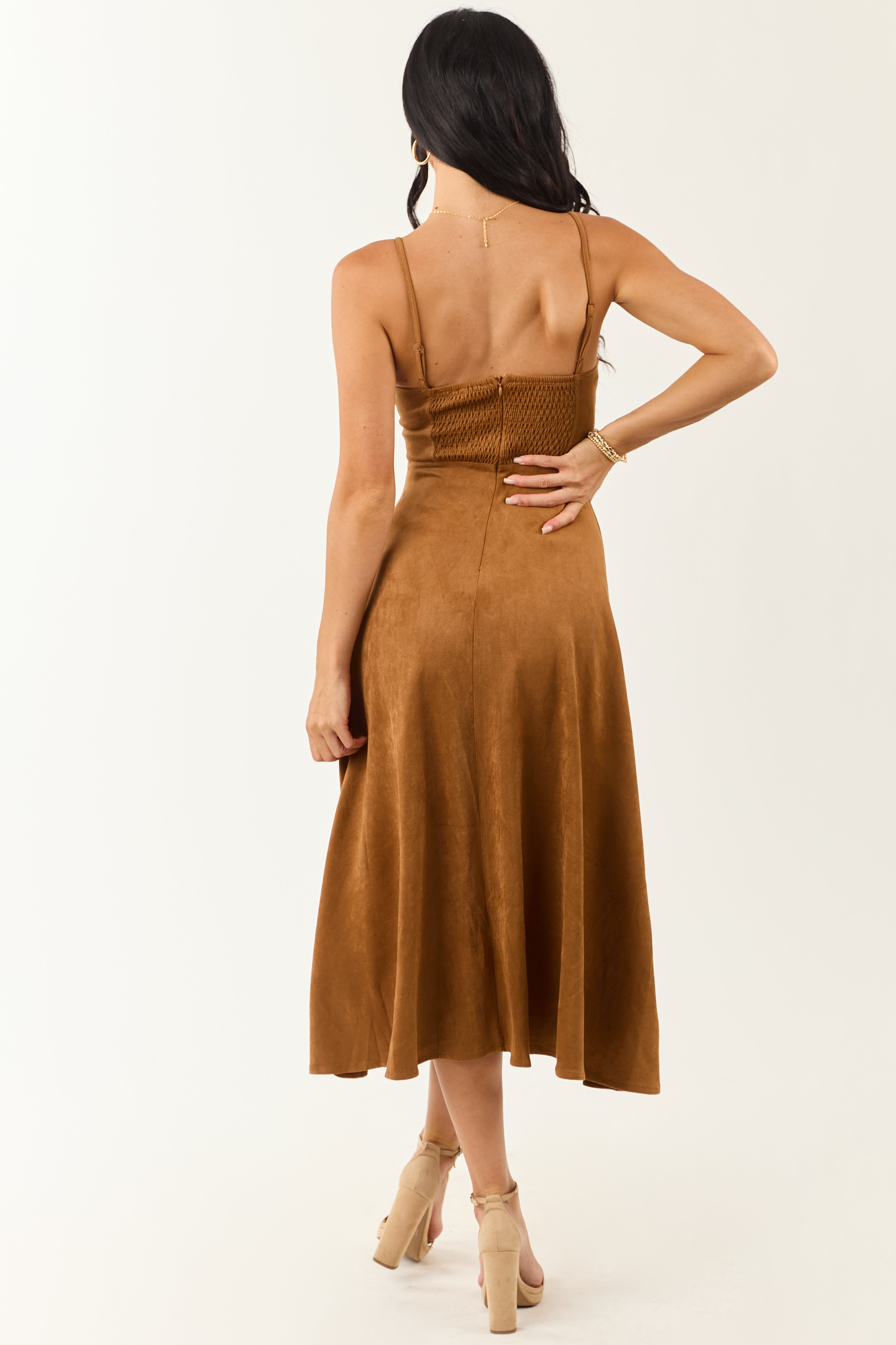 Cognac Faux Suede A-Line Sleeveless Midi Dress