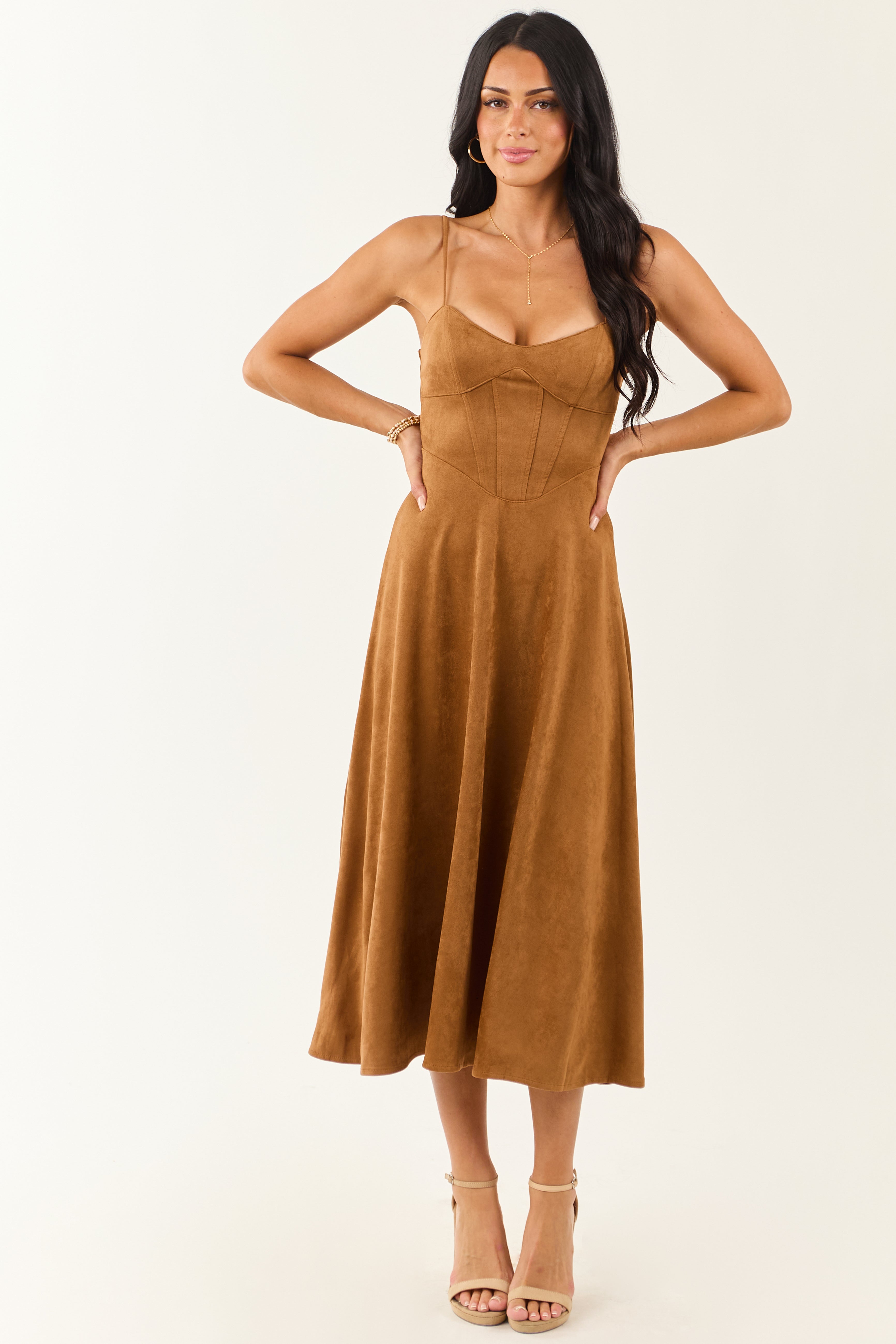 Cognac Faux Suede A-Line Sleeveless Midi Dress