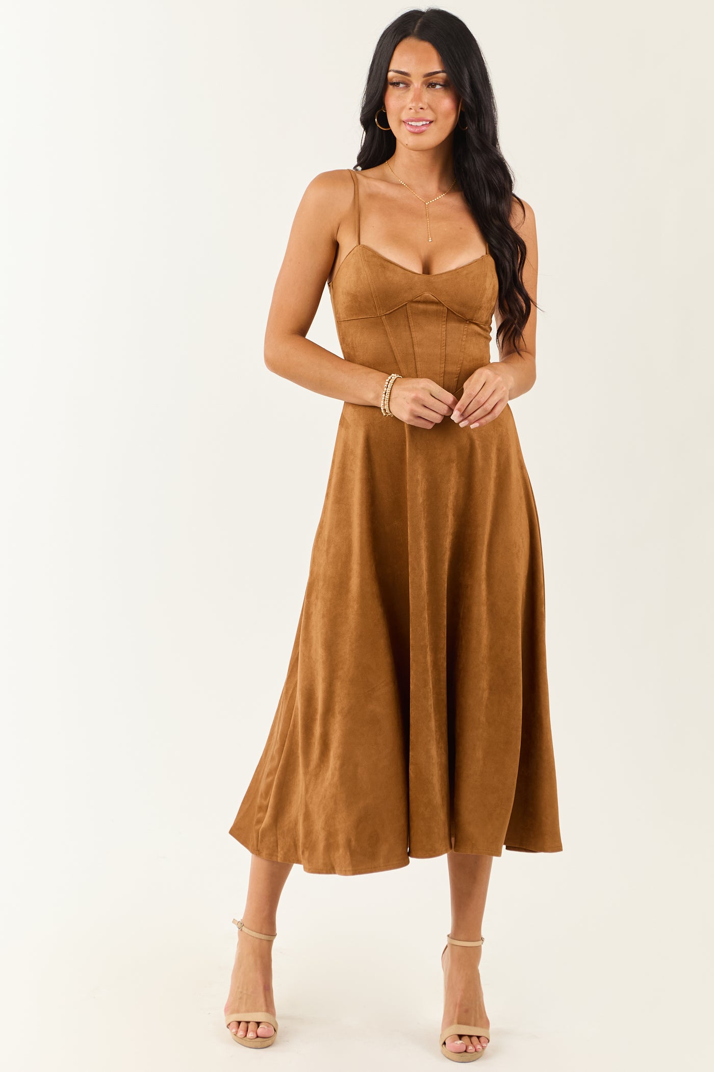 Cognac Faux Suede A-Line Sleeveless Midi Dress