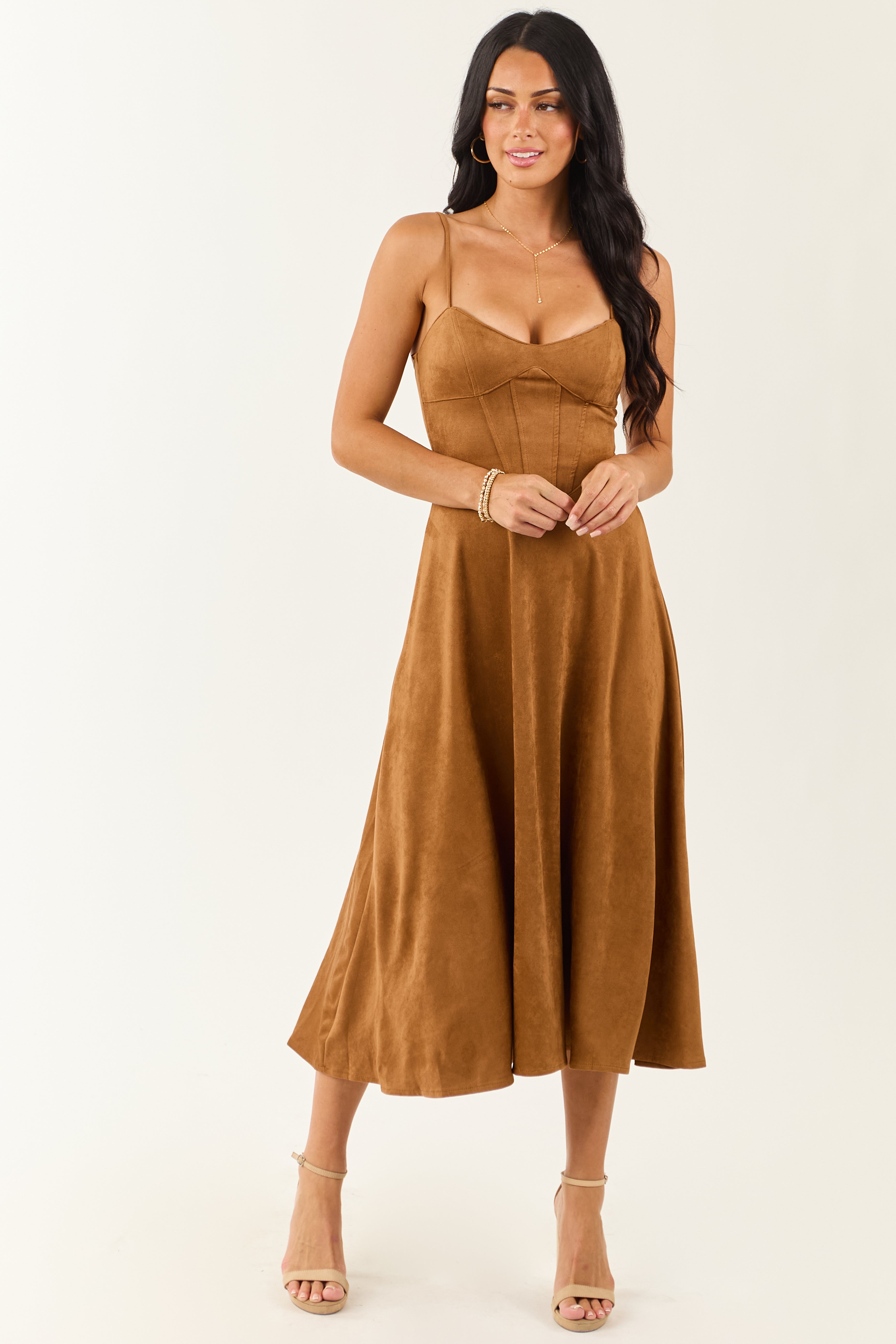 Cognac Faux Suede A-Line Sleeveless Midi Dress
