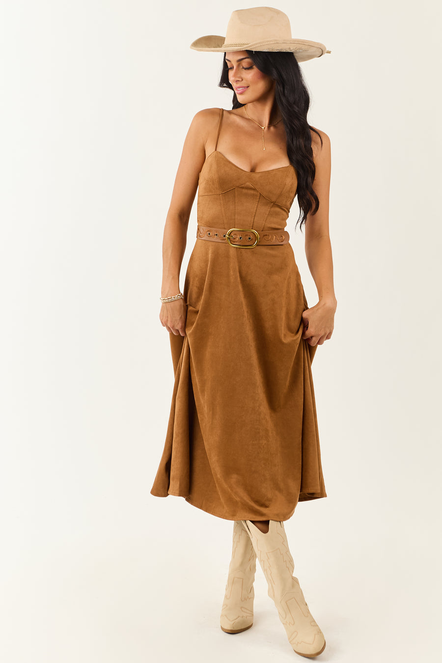 Cognac Faux Suede A-Line Sleeveless Midi Dress