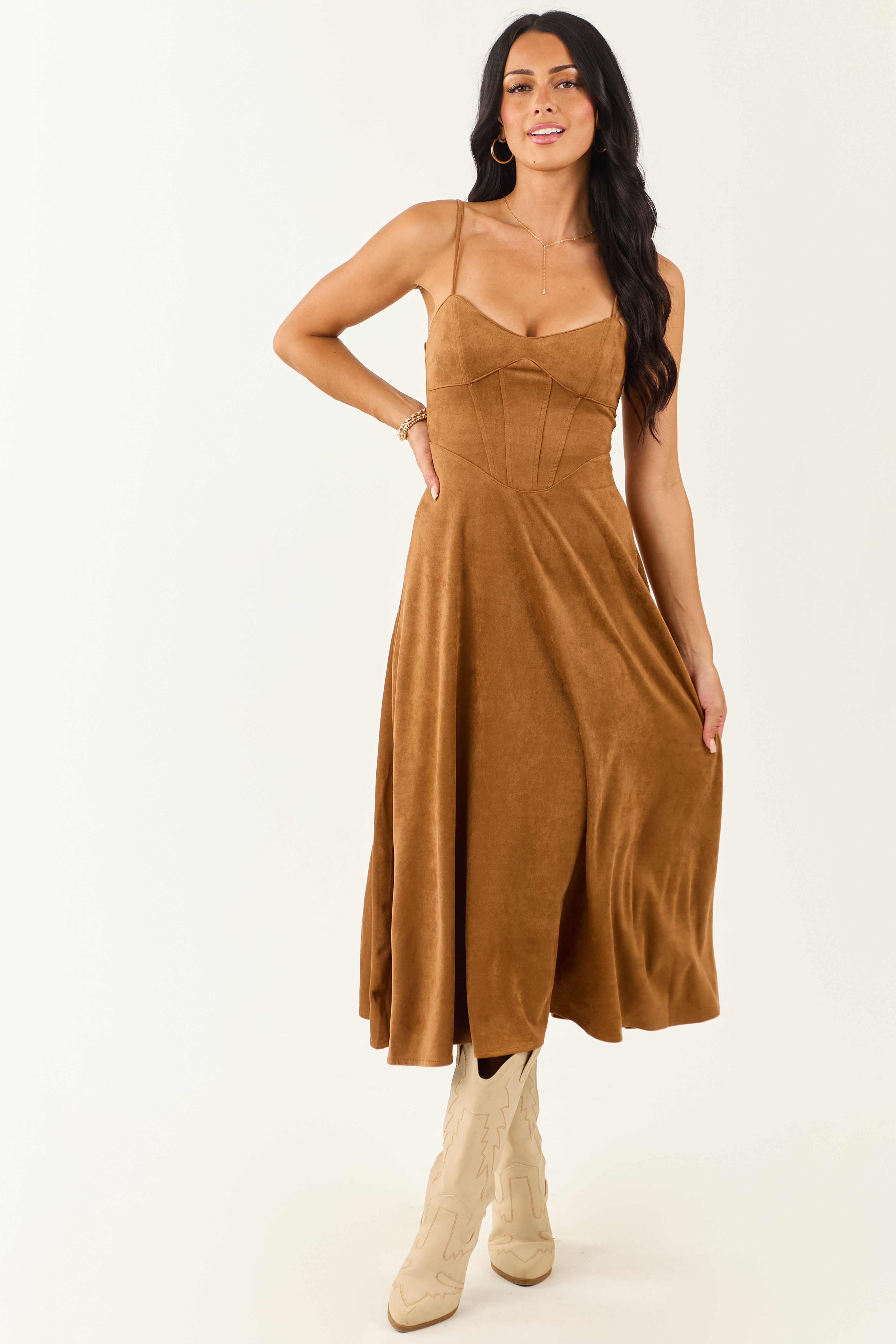 Cognac Faux Suede A-Line Sleeveless Midi Dress | Lime Lush Boutique