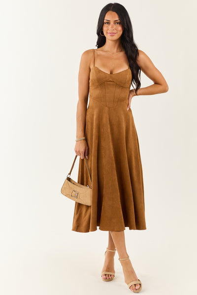 Cognac Faux Suede A-Line Sleeveless Midi Dress