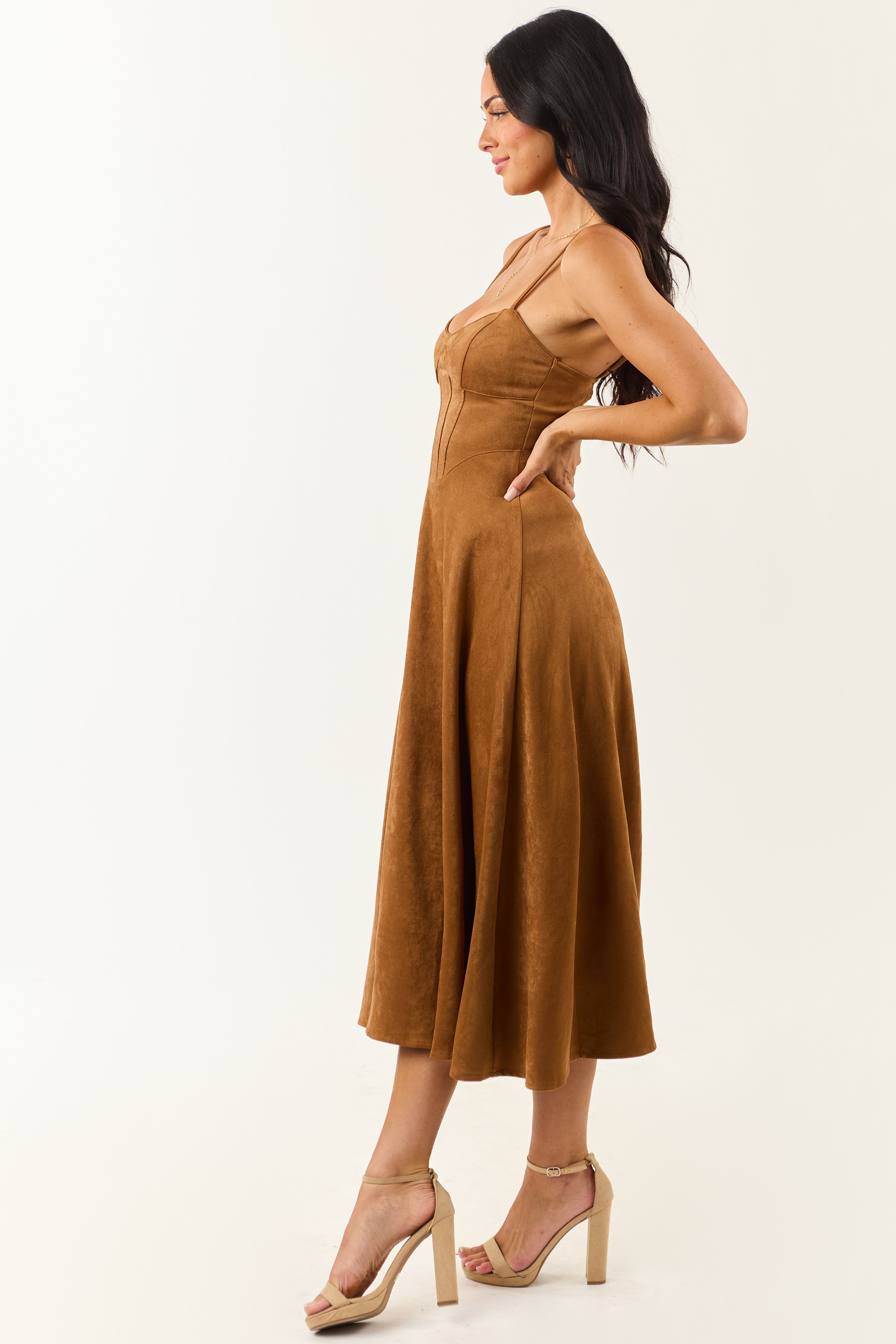 Cognac Faux Suede A-Line Sleeveless Midi Dress