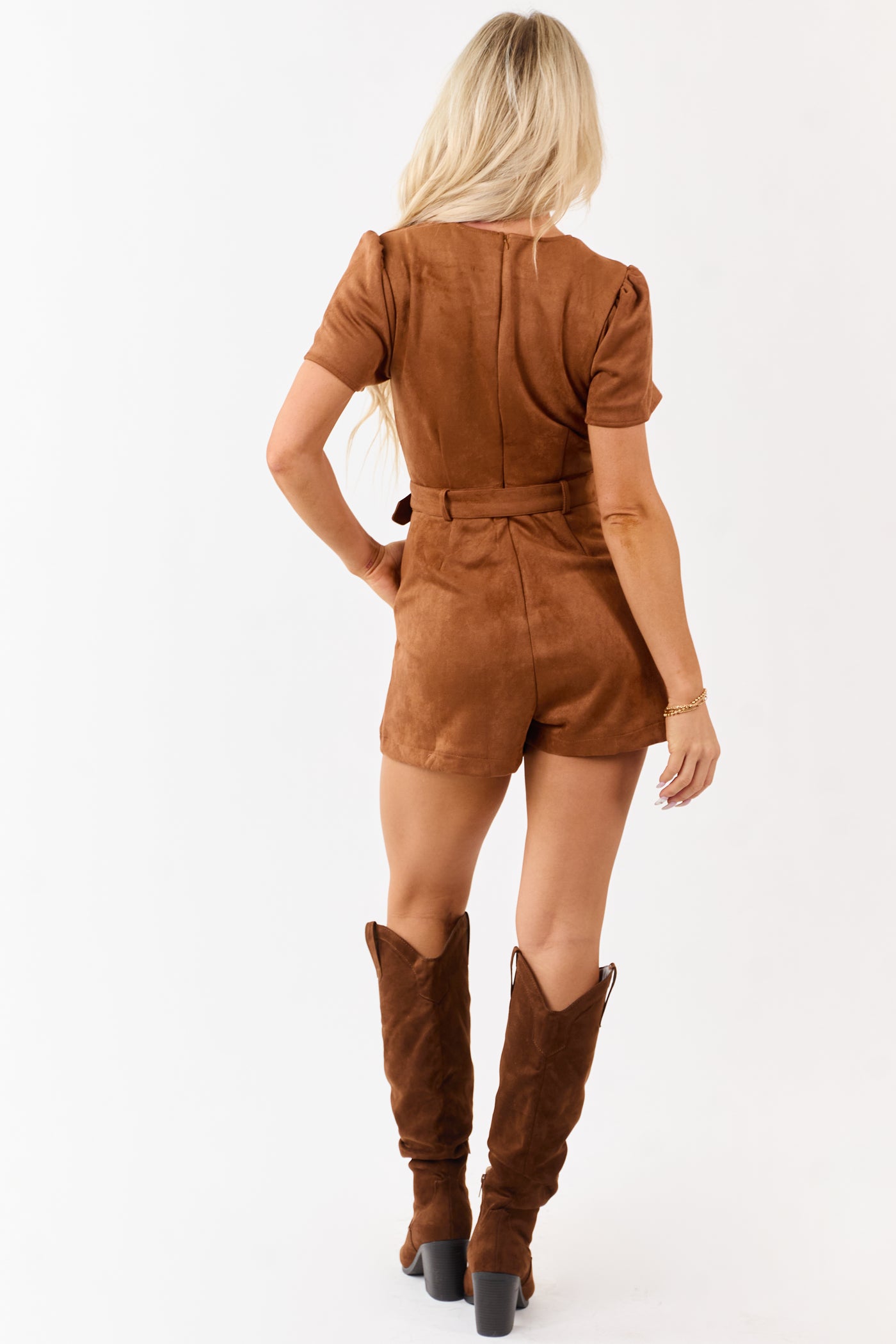 Cognac Faux Suede Belted Short Sleeve Romper