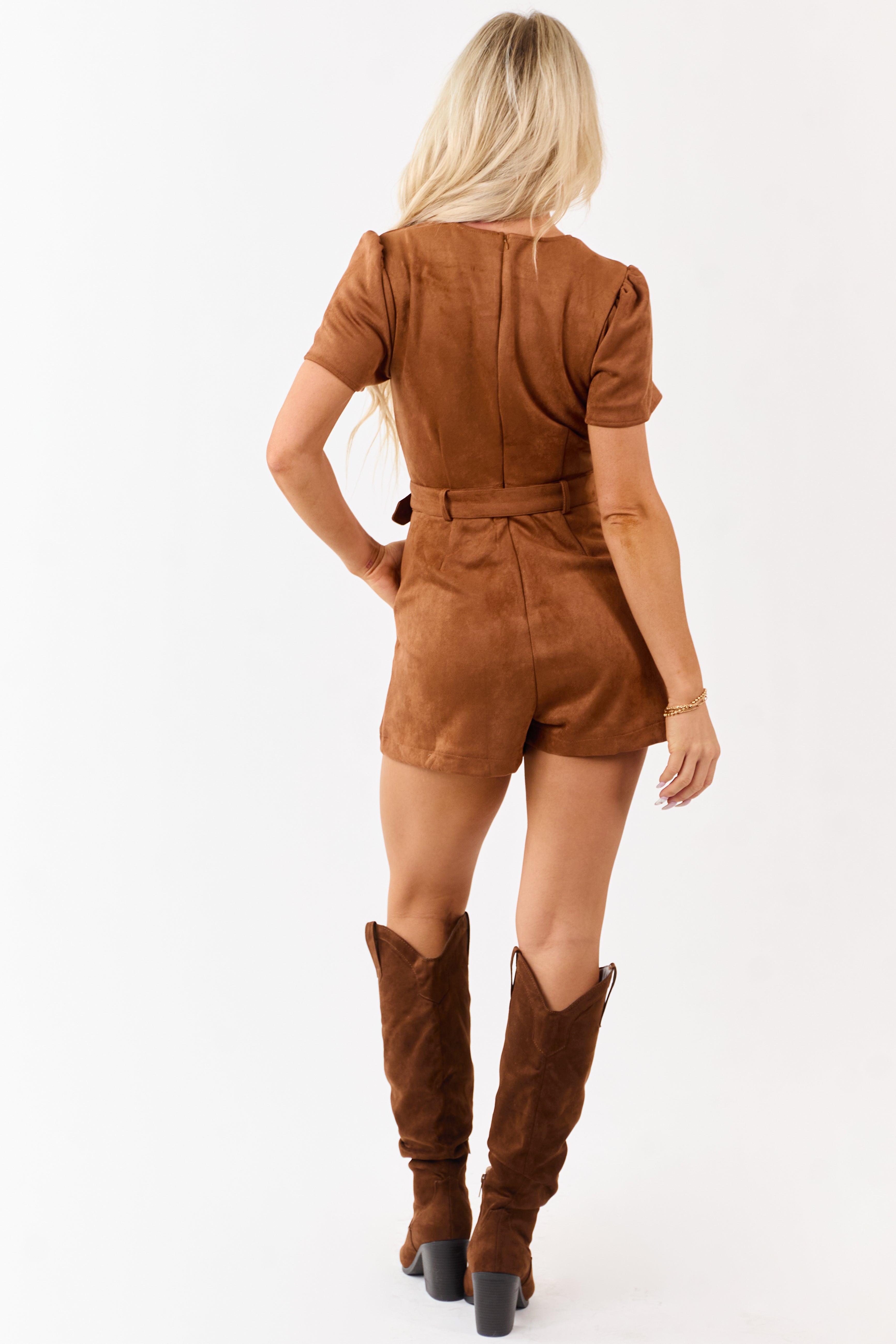Cognac Faux Suede Belted Short Sleeve Romper