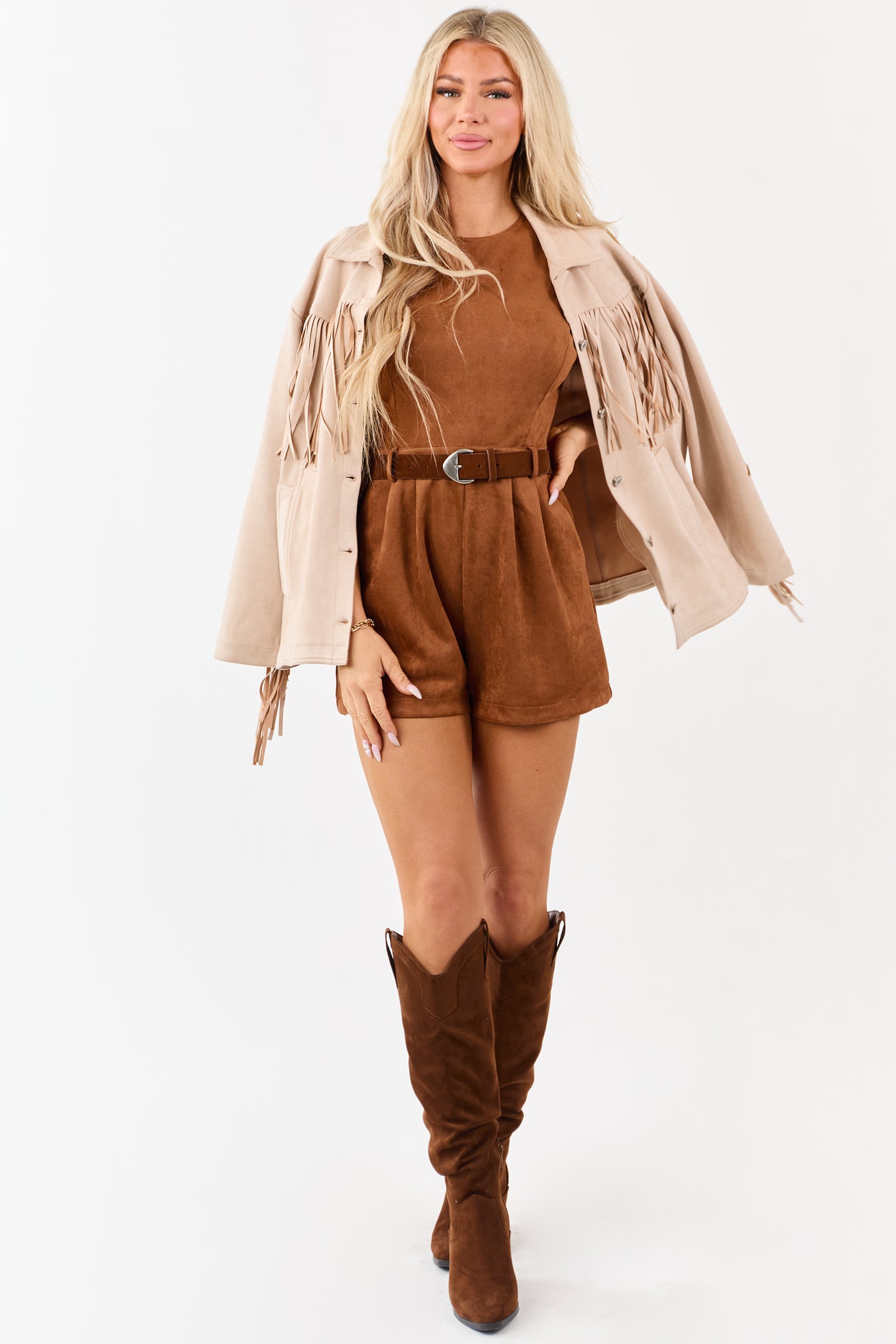 Cognac Faux Suede Belted Short Sleeve Romper