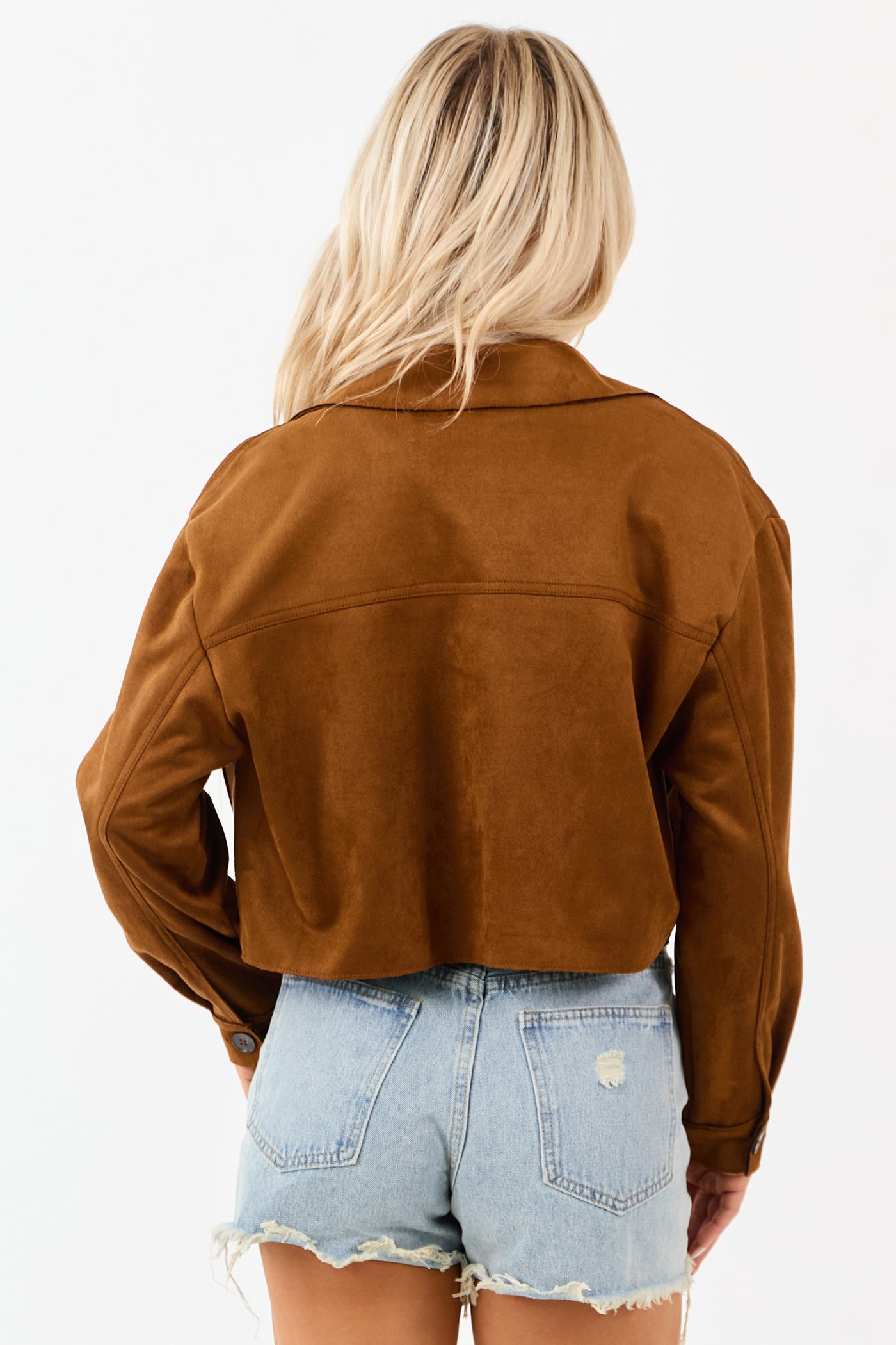Cognac Faux Suede Button Down Collared Jacket