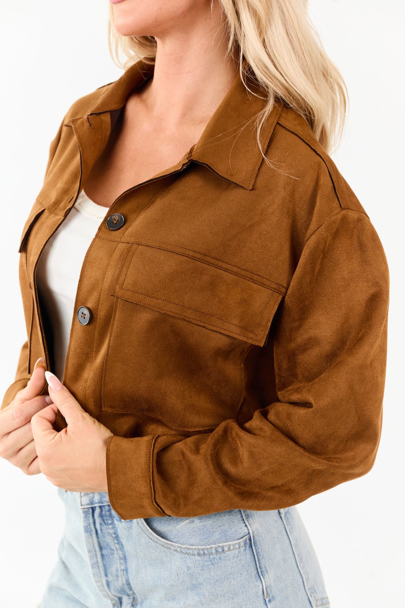 Cognac Faux Suede Button Down Collared Jacket