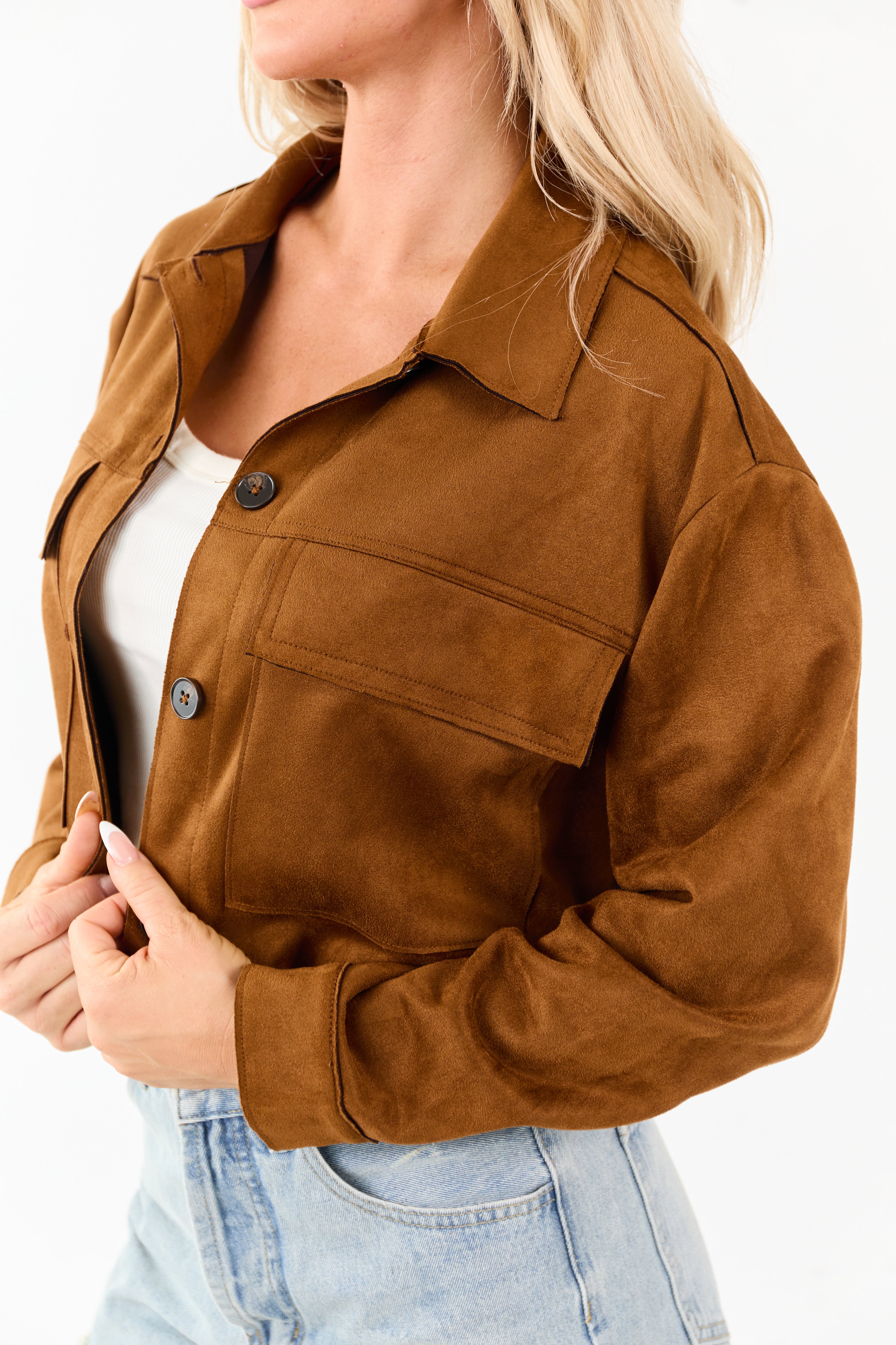 Cognac Faux Suede Button Down Collared Jacket