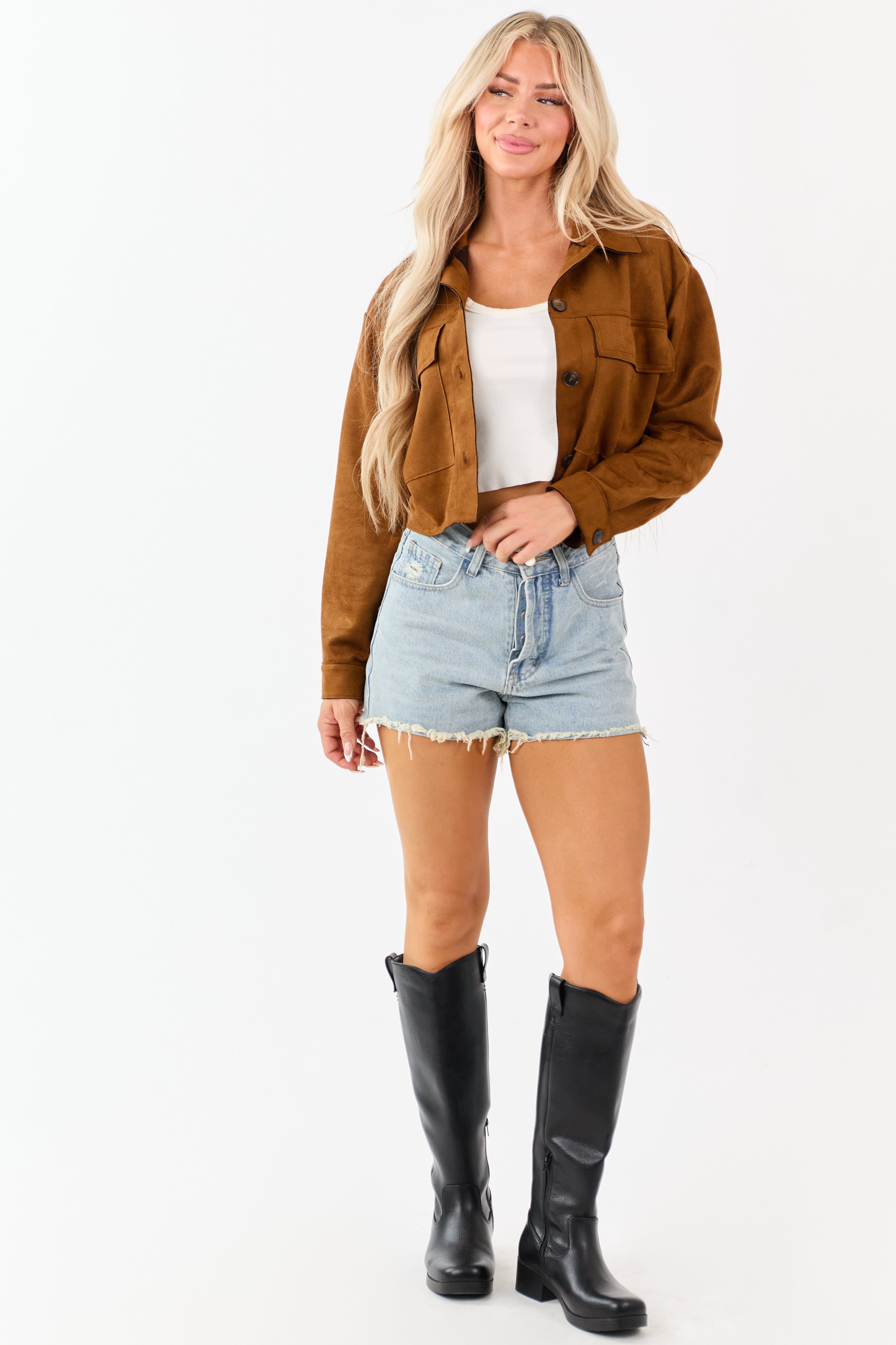 Cognac Faux Suede Button Down Collared Jacket