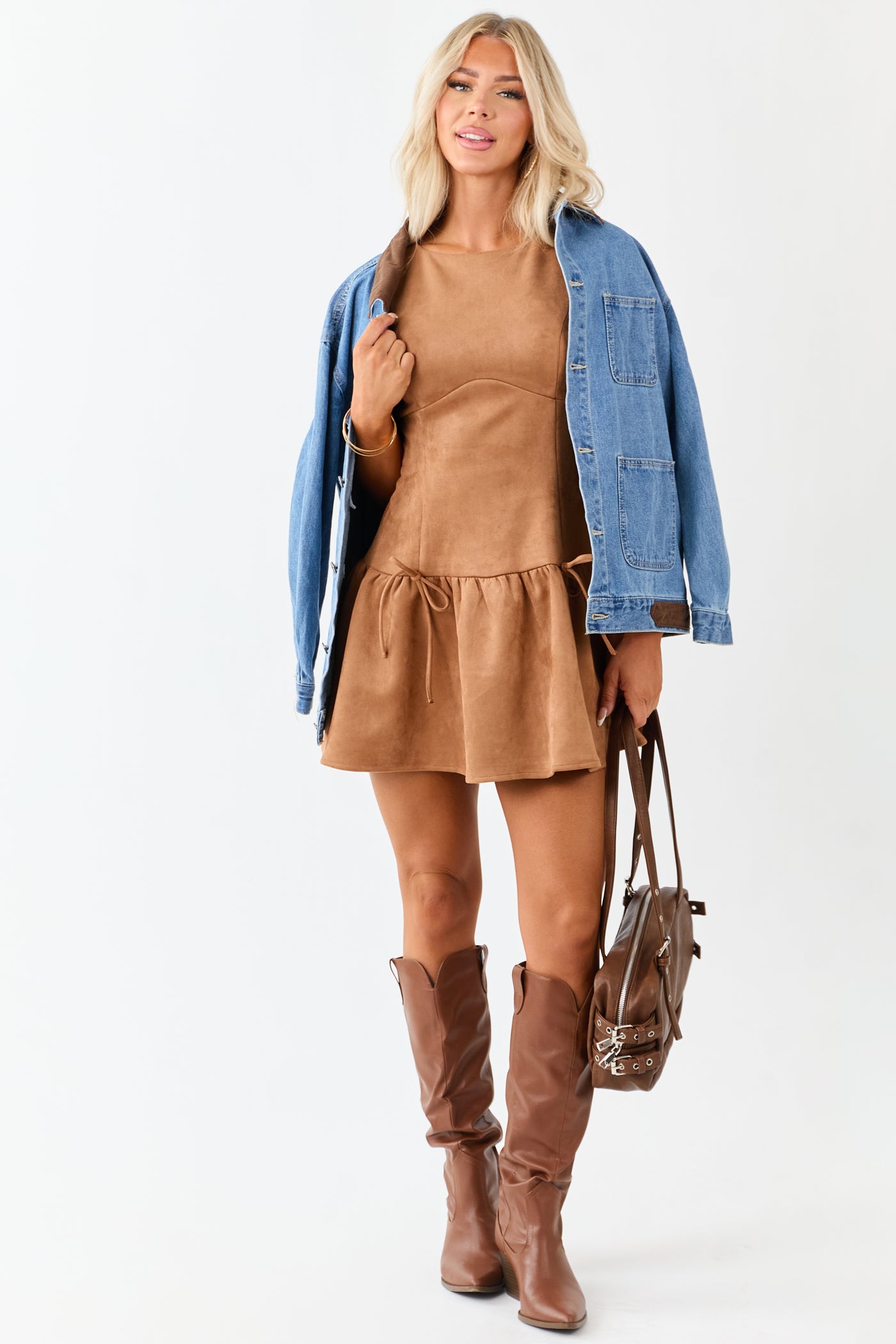Cognac Faux Suede Drop Waist Ruffle Hem Mini Dress