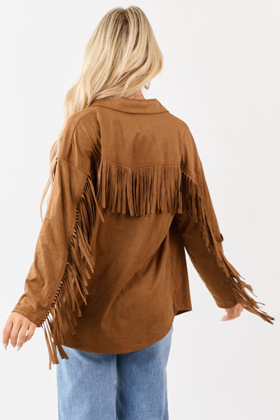 Cognac Faux Suede Fringe Detail Western Top