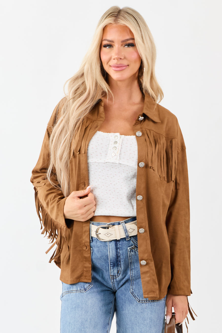 Cognac Faux Suede Fringe Detail Western Top