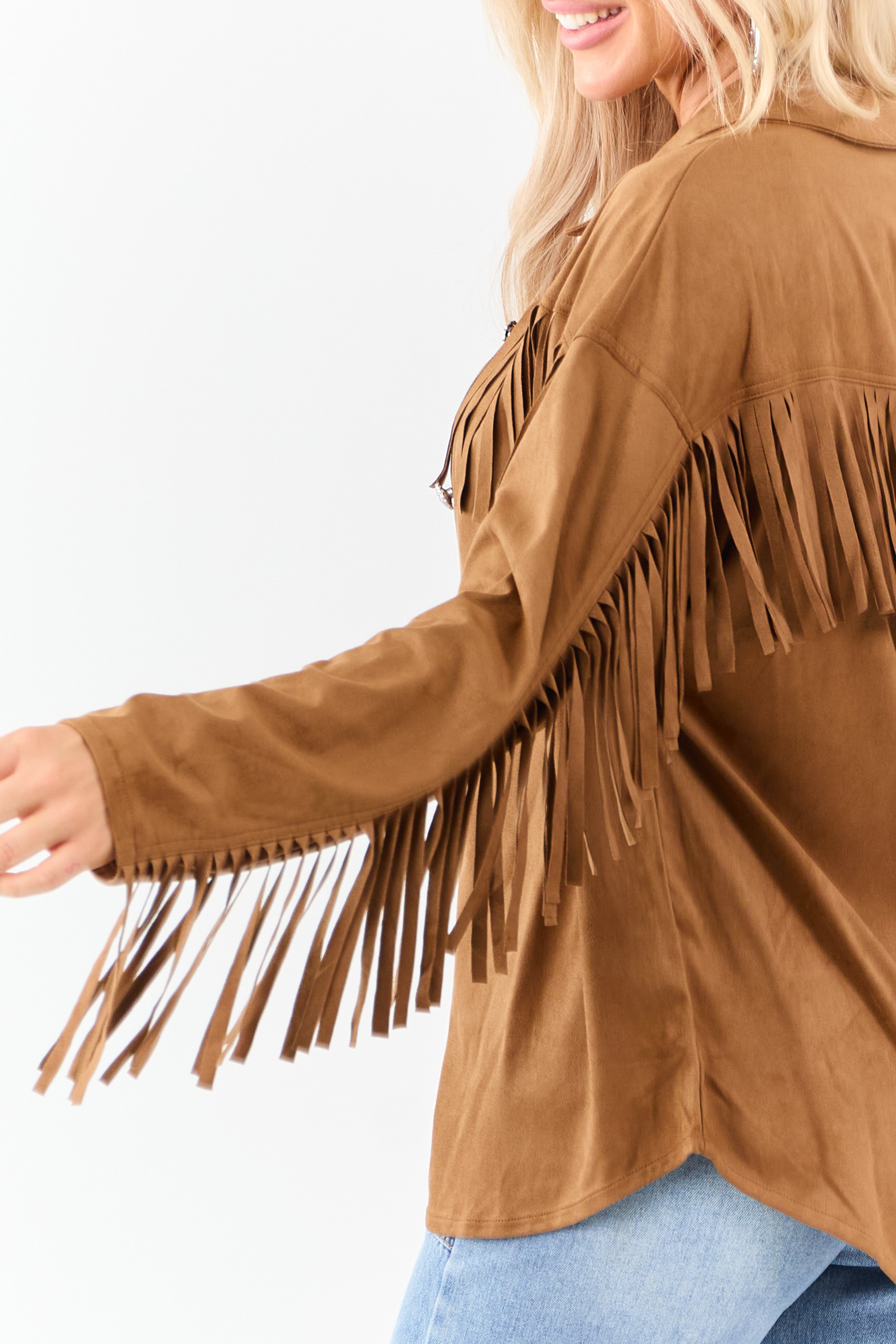 Cognac Faux Suede Fringe Detail Western Top