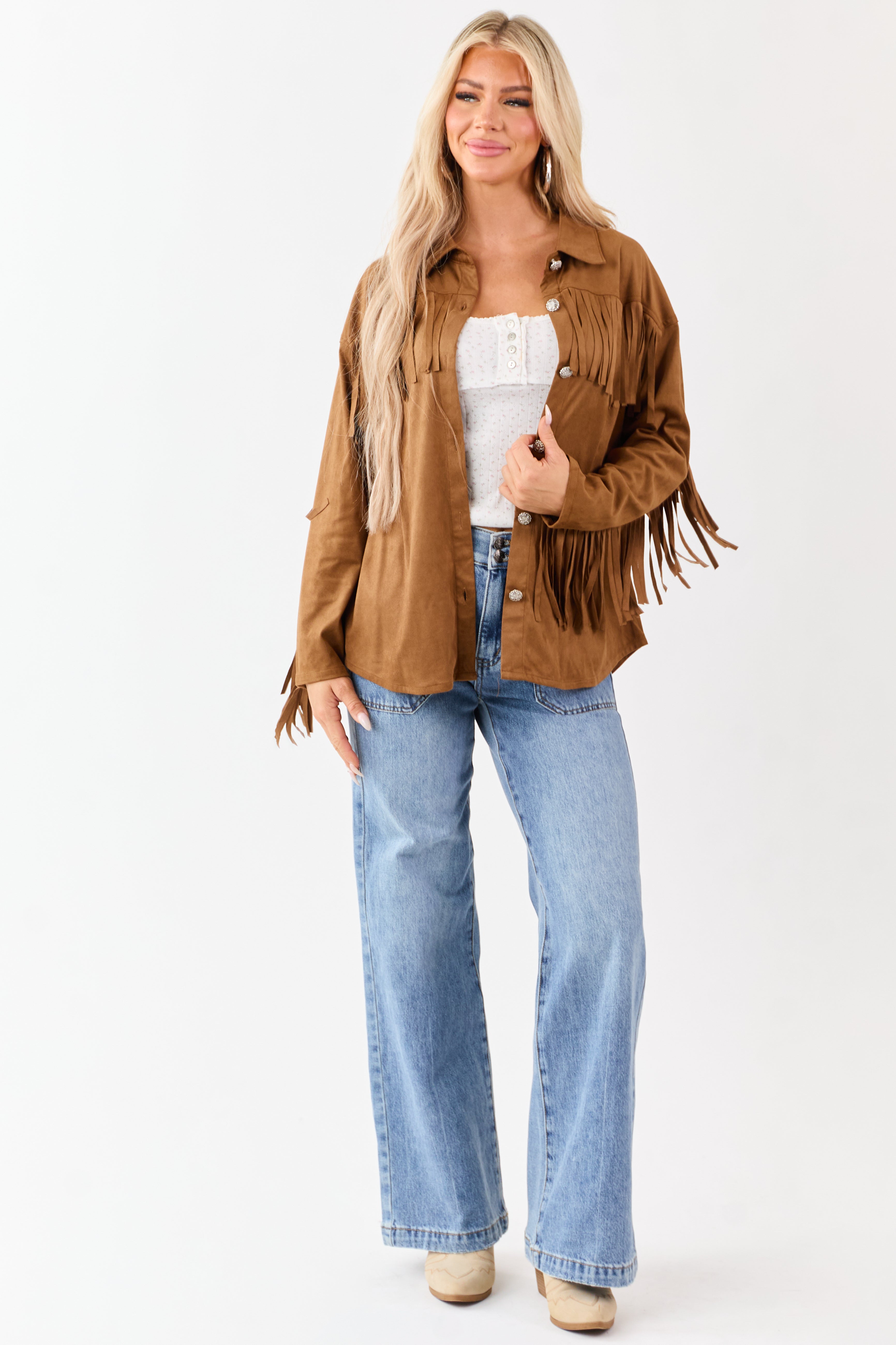 Cognac Faux Suede Fringe Detail Western Top