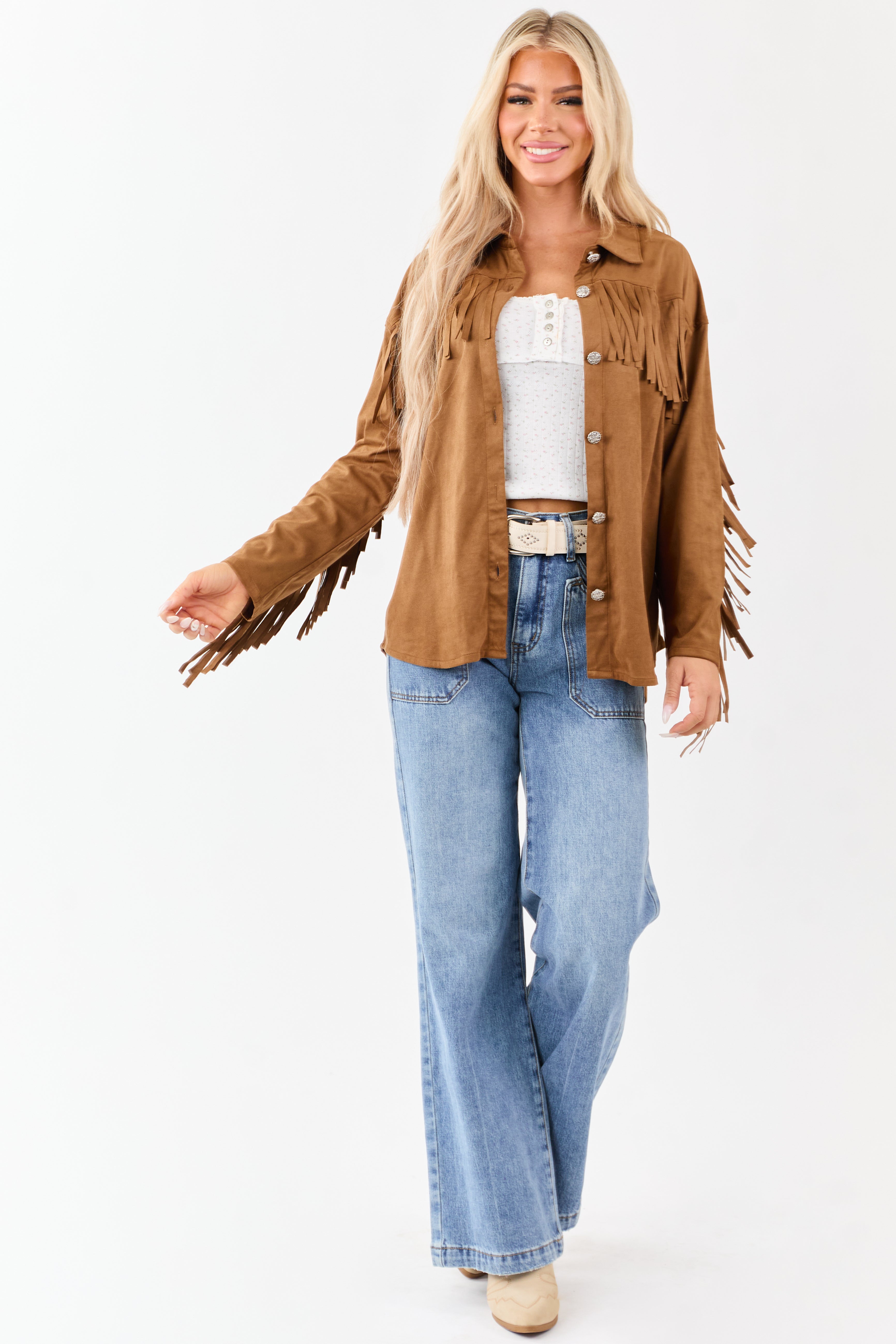 Cognac Faux Suede Fringe Detail Western Top