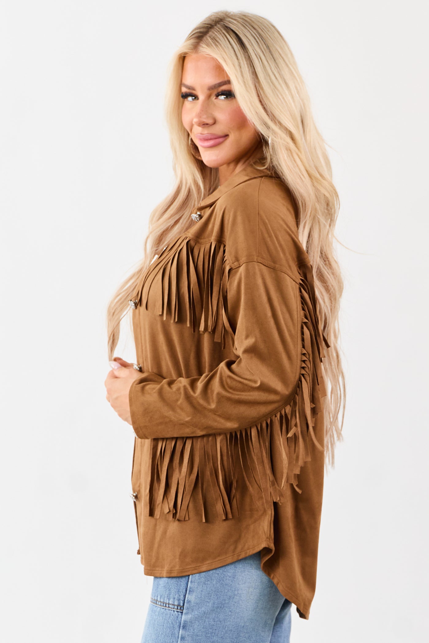 Cognac Faux Suede Fringe Detail Western Top