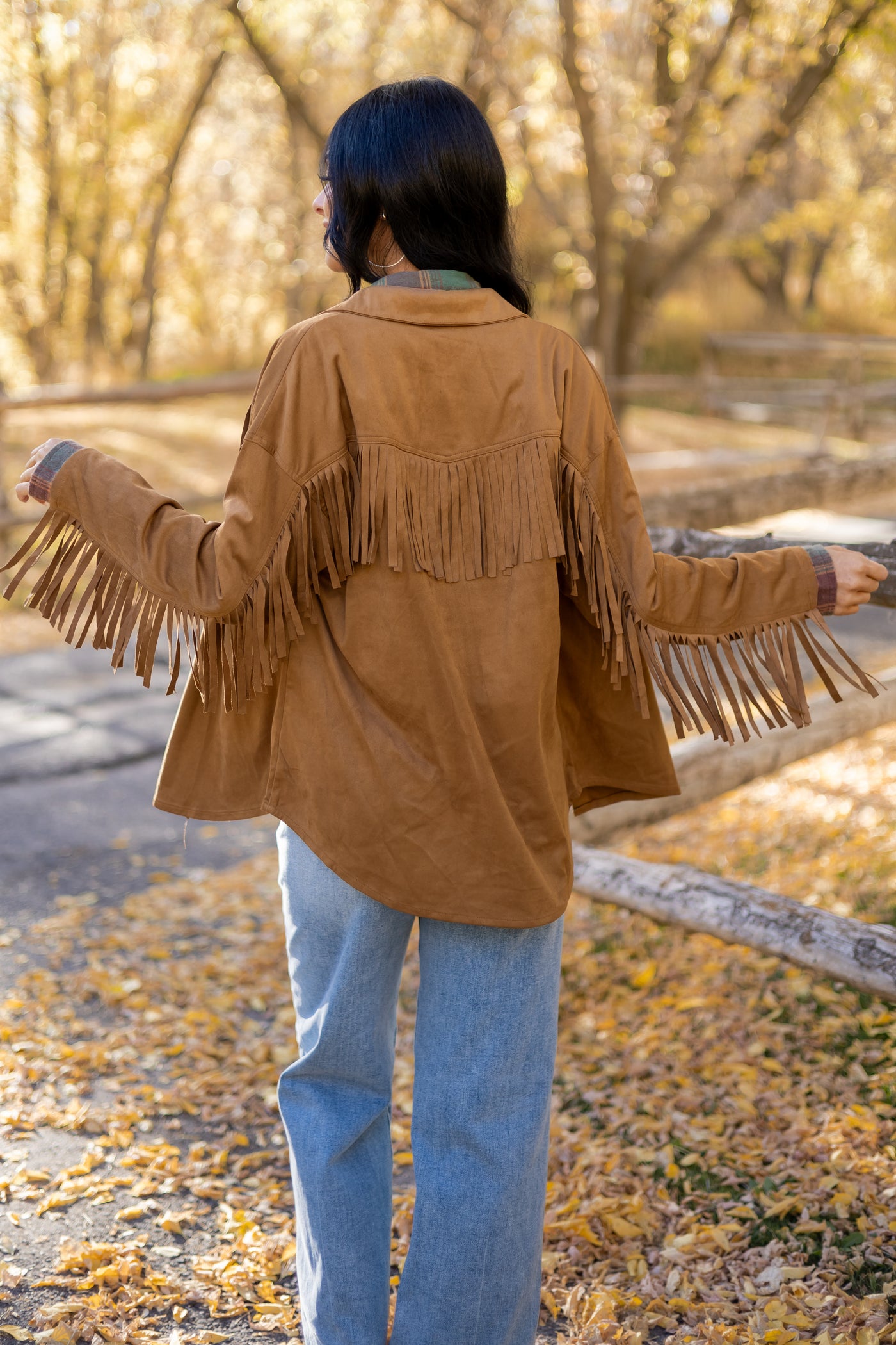 Cognac Faux Suede Fringe Detail Western Top