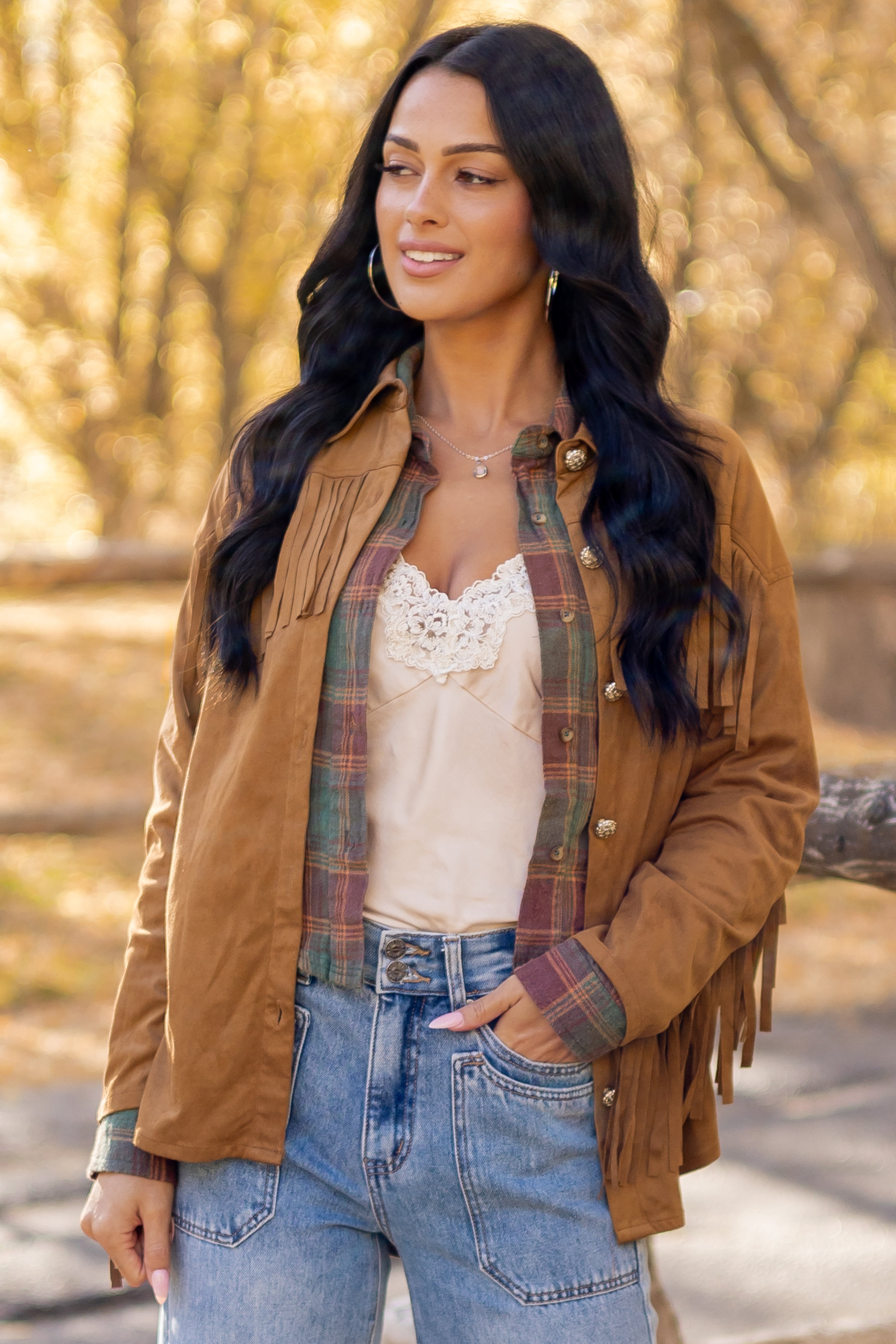 Cognac Faux Suede Fringe Detail Western Top