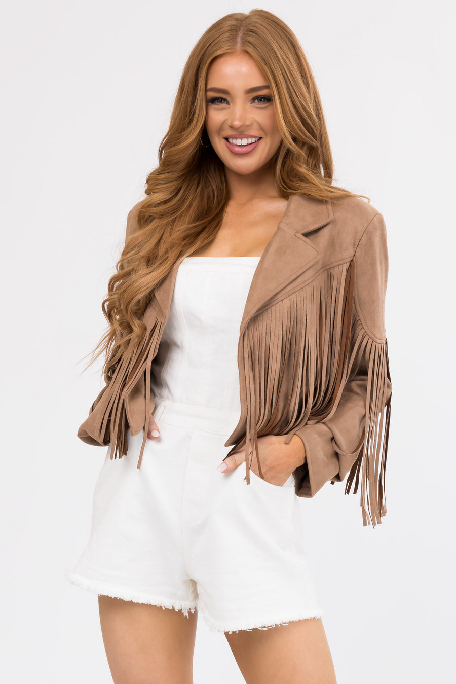 Cognac Faux Suede Fringe Open Front Jacket