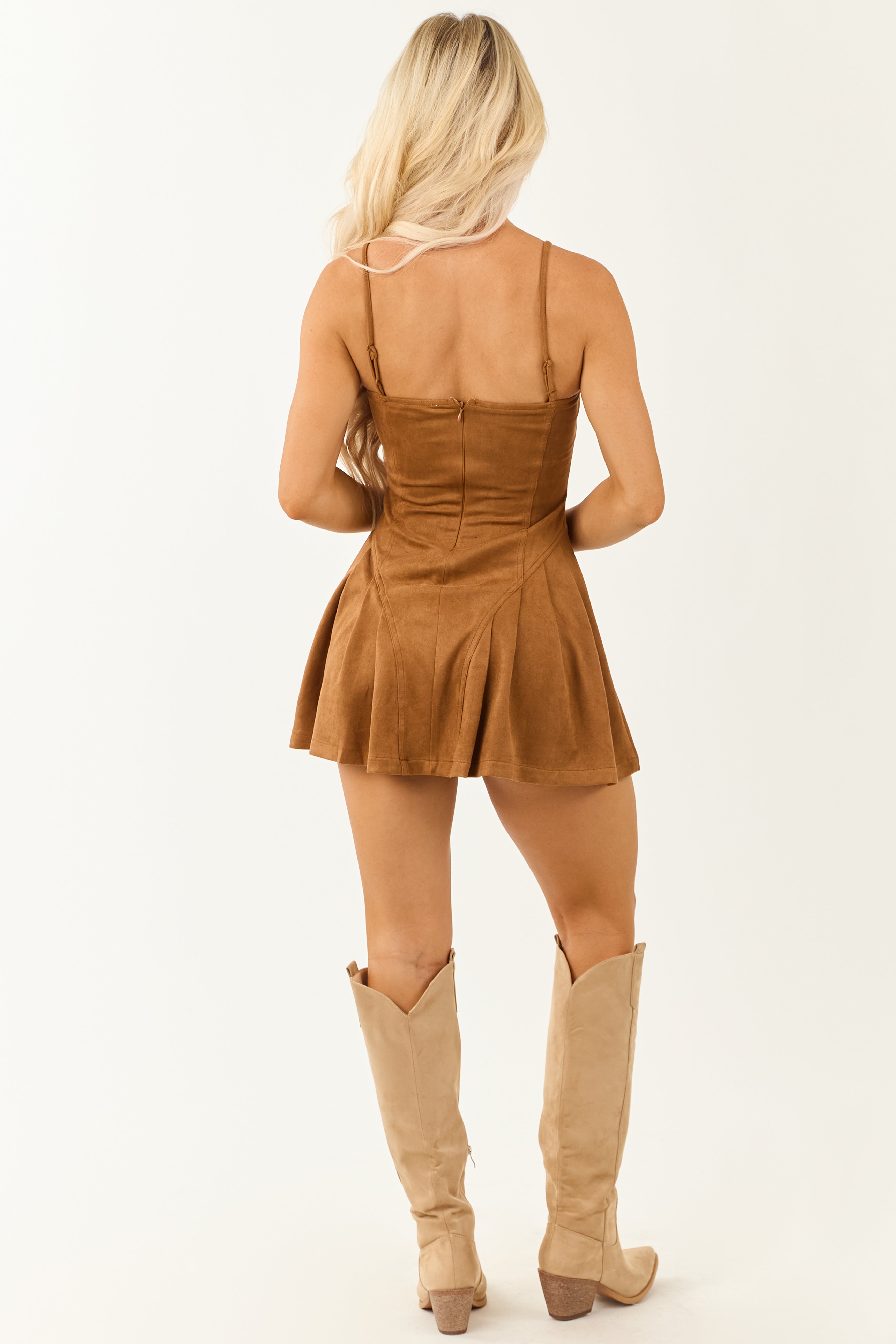 Cognac Faux Suede Front Lace Up Mini Dress