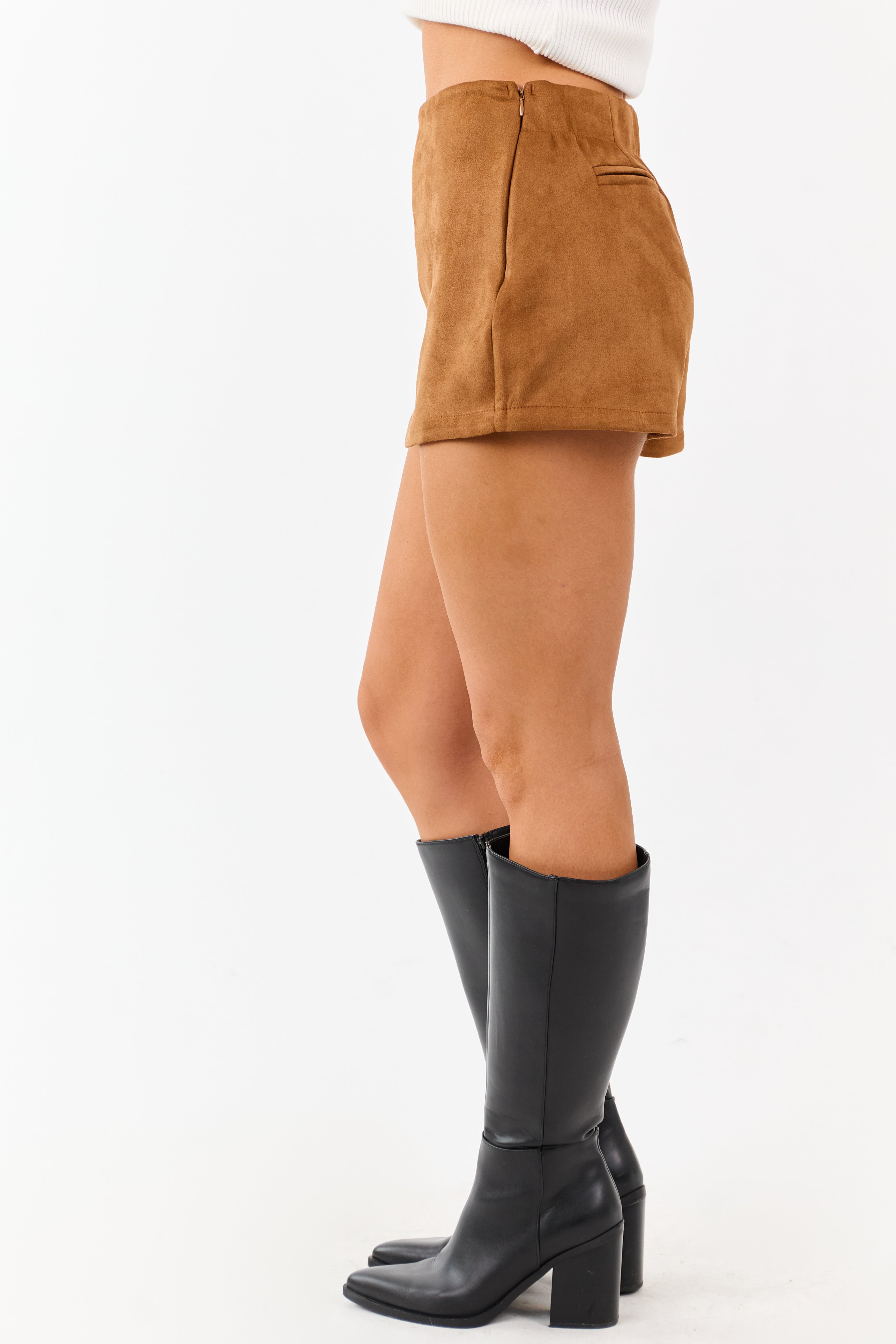Cognac Faux Suede Front Overlay Mini Skort