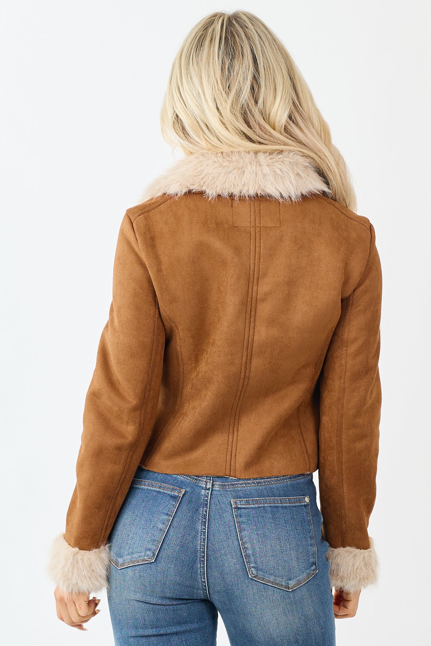 Cognac Faux Suede Fur Collar Zip Up Jacket