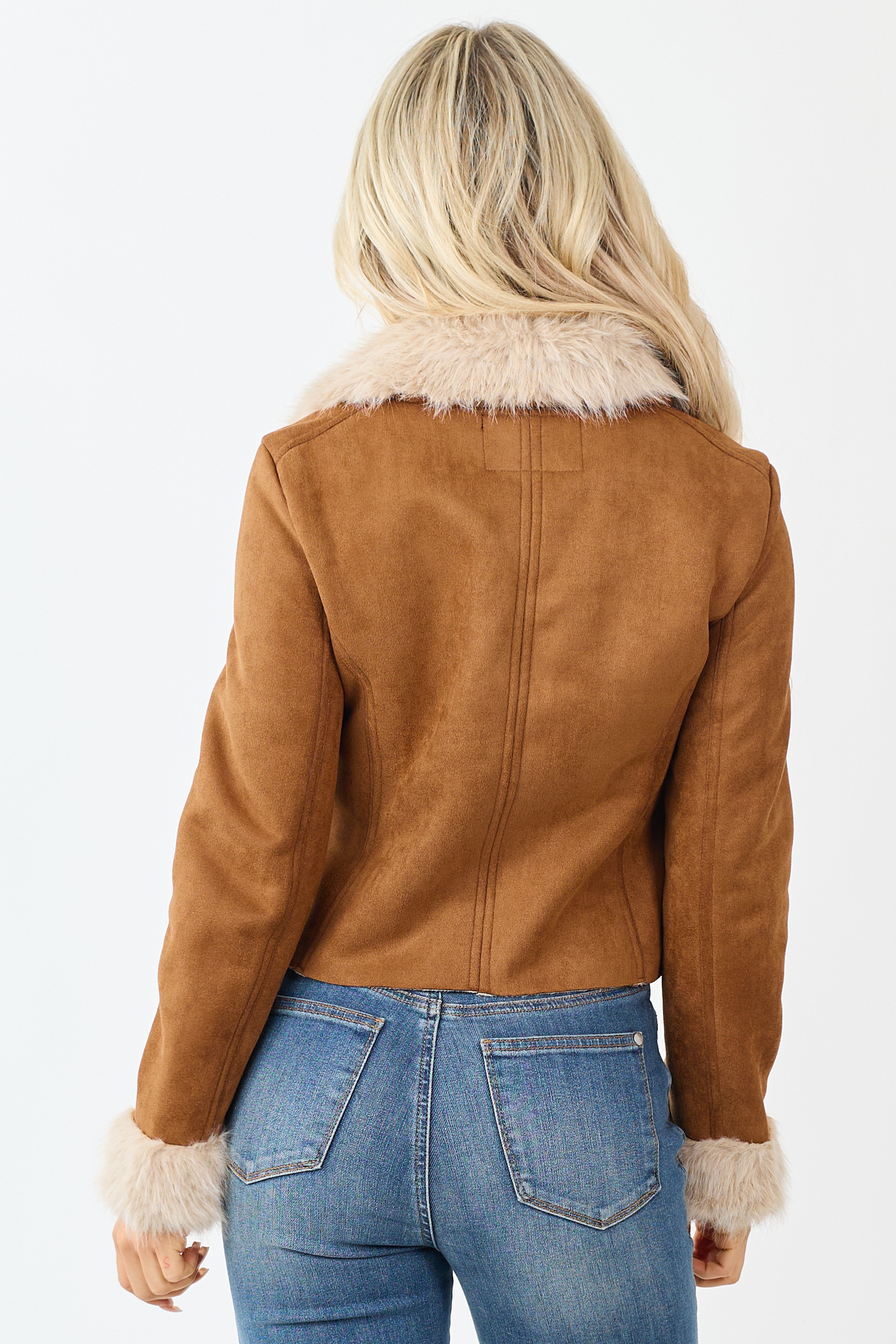 Cognac Faux Suede Fur Collar Zip Up Jacket