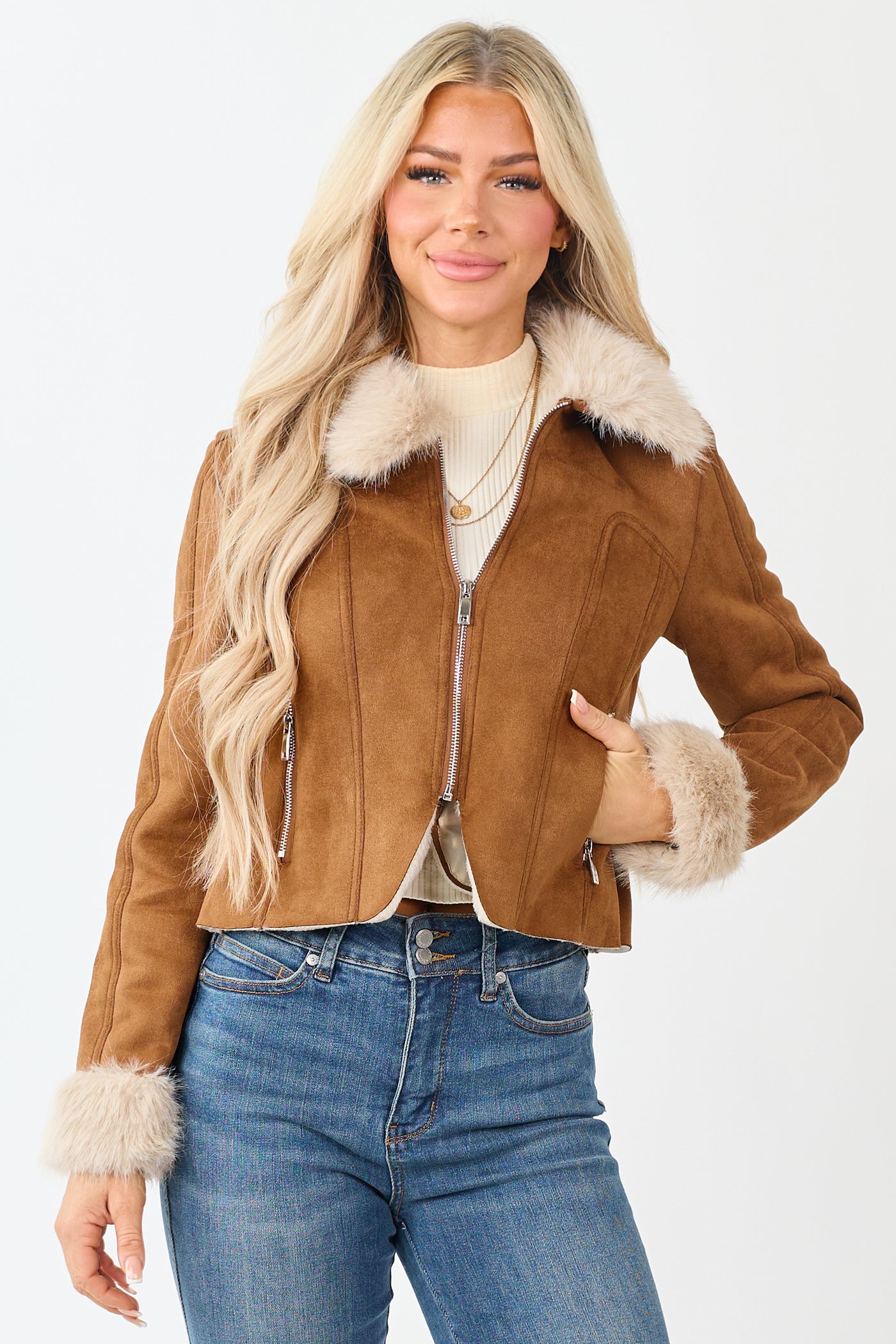 Cognac Faux Suede Fur Collar Zip Up Jacket