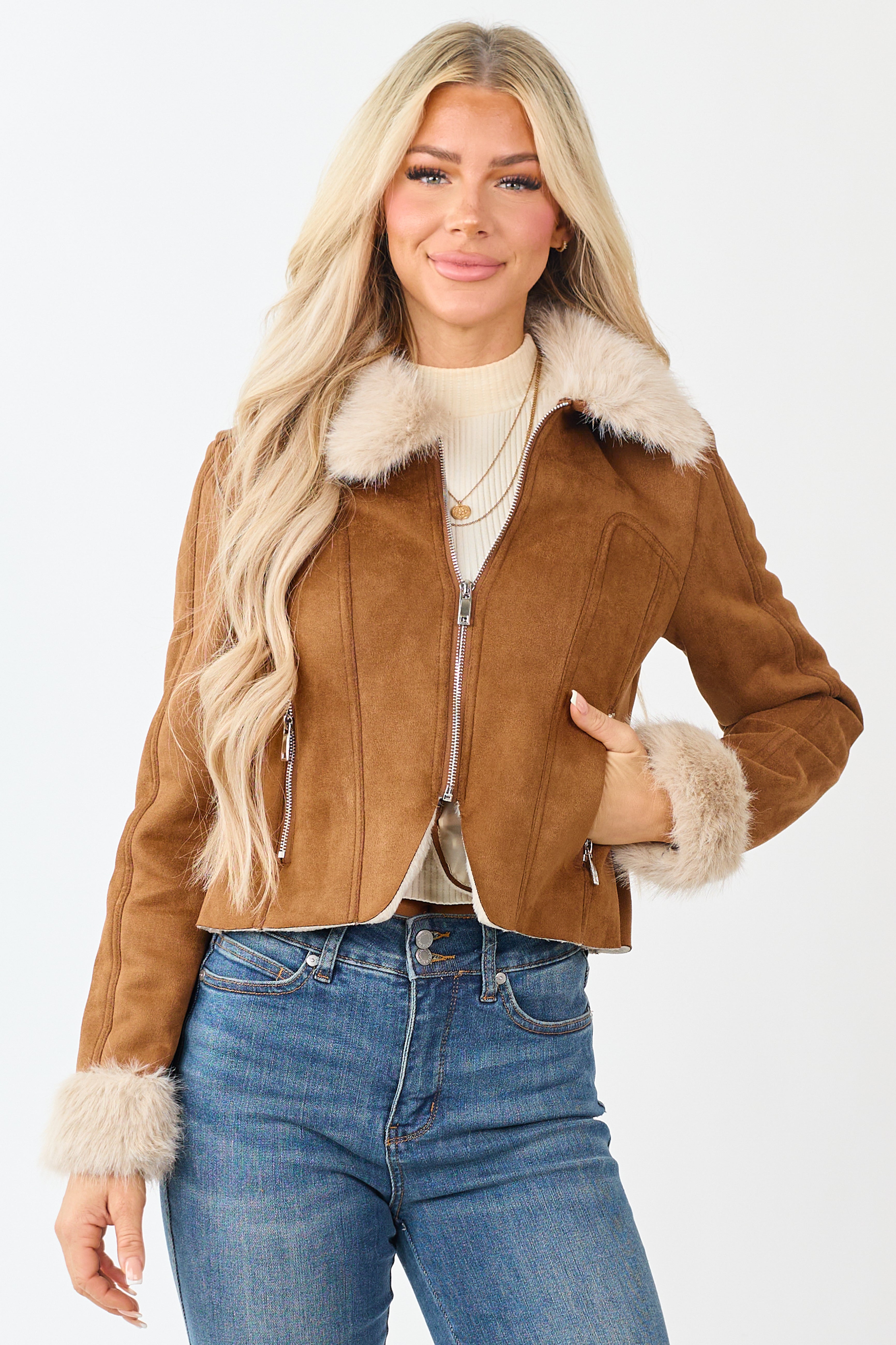 Cognac Faux Suede Fur Collar Zip Up Jacket