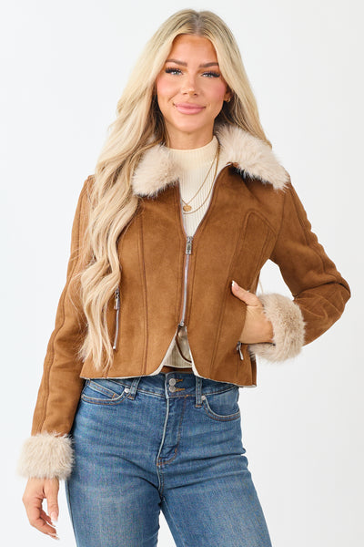 Cognac Faux Suede Fur Collar Zip Up Jacket