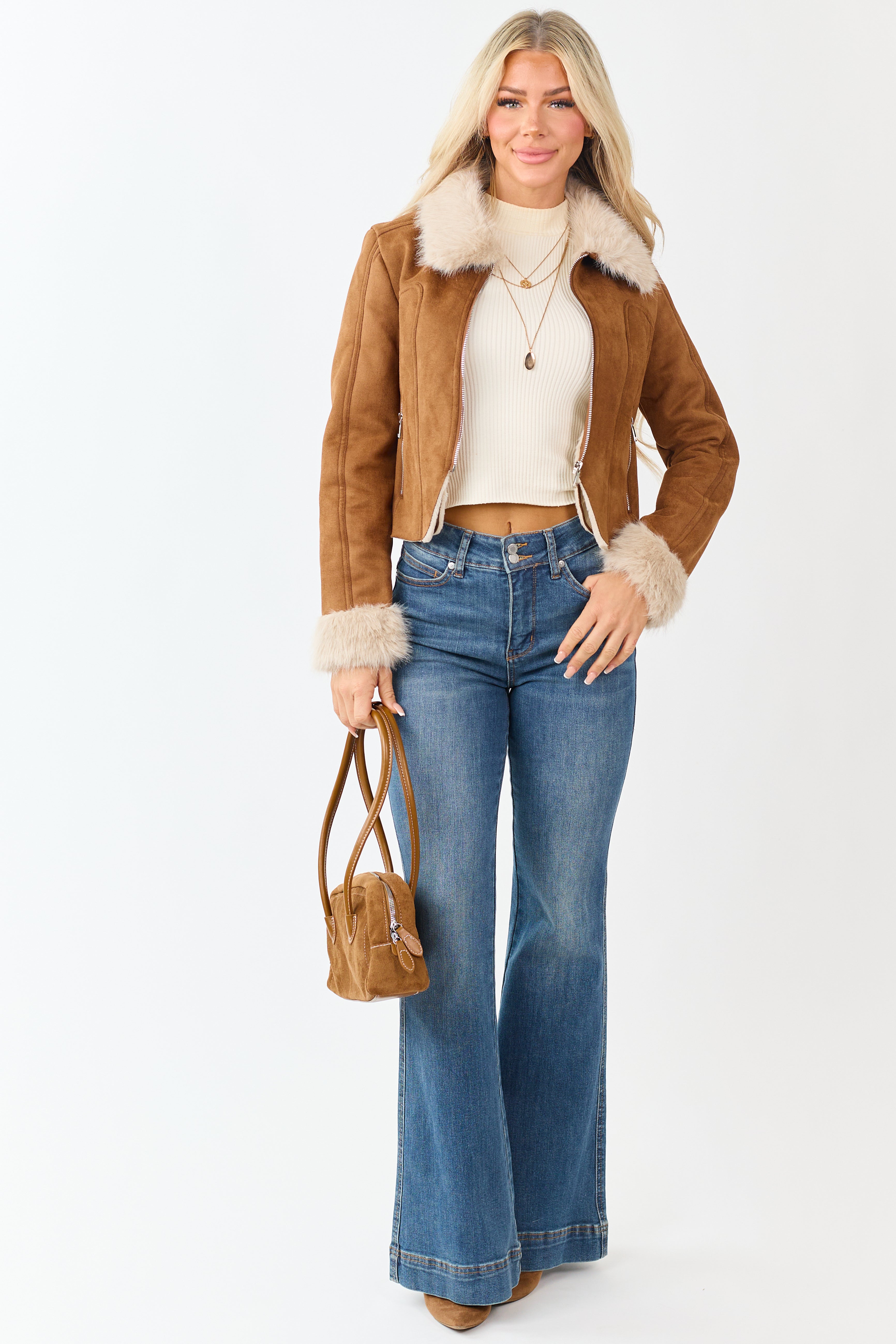 Cognac Faux Suede Fur Collar Zip Up Jacket