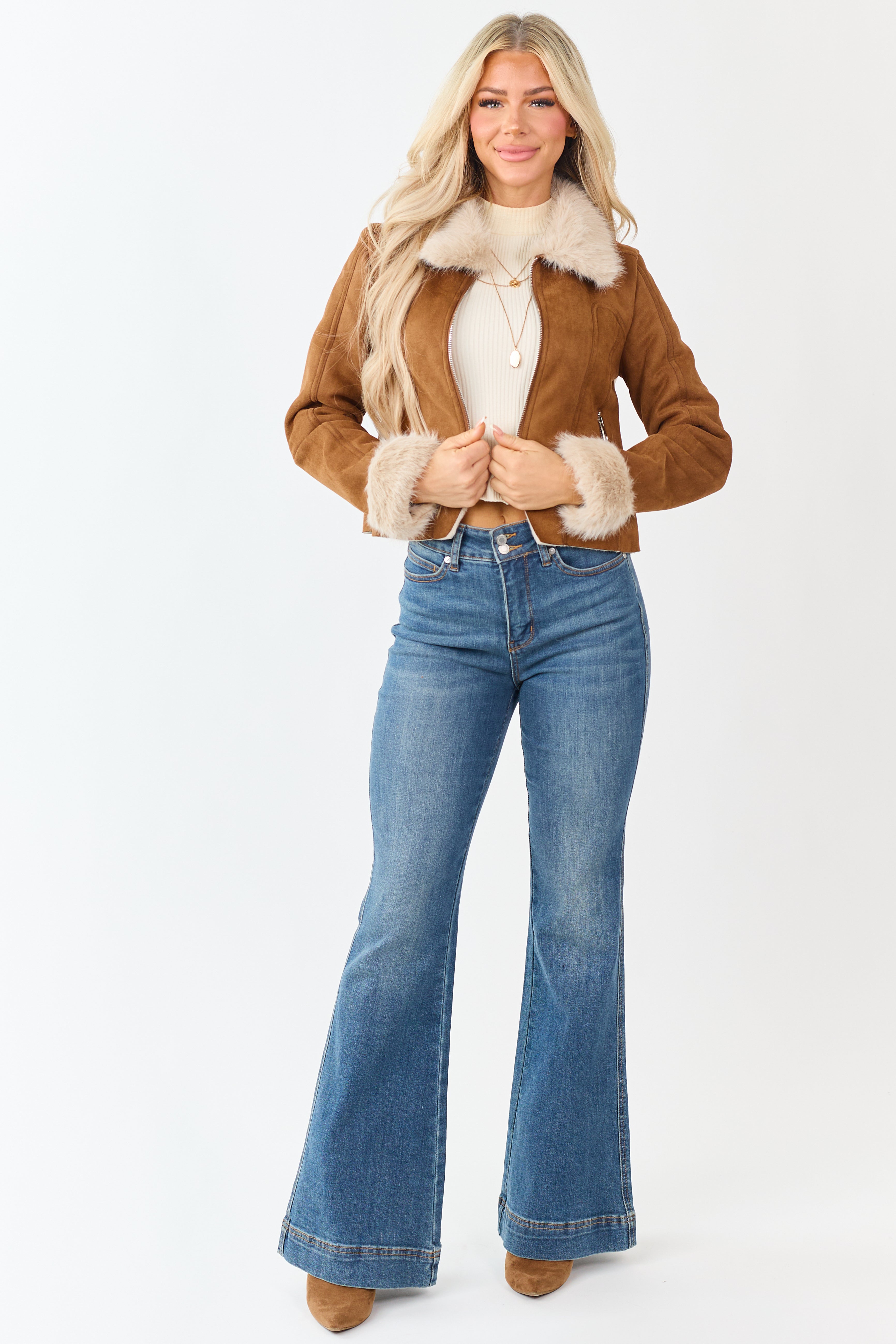 Cognac Faux Suede Fur Collar Zip Up Jacket