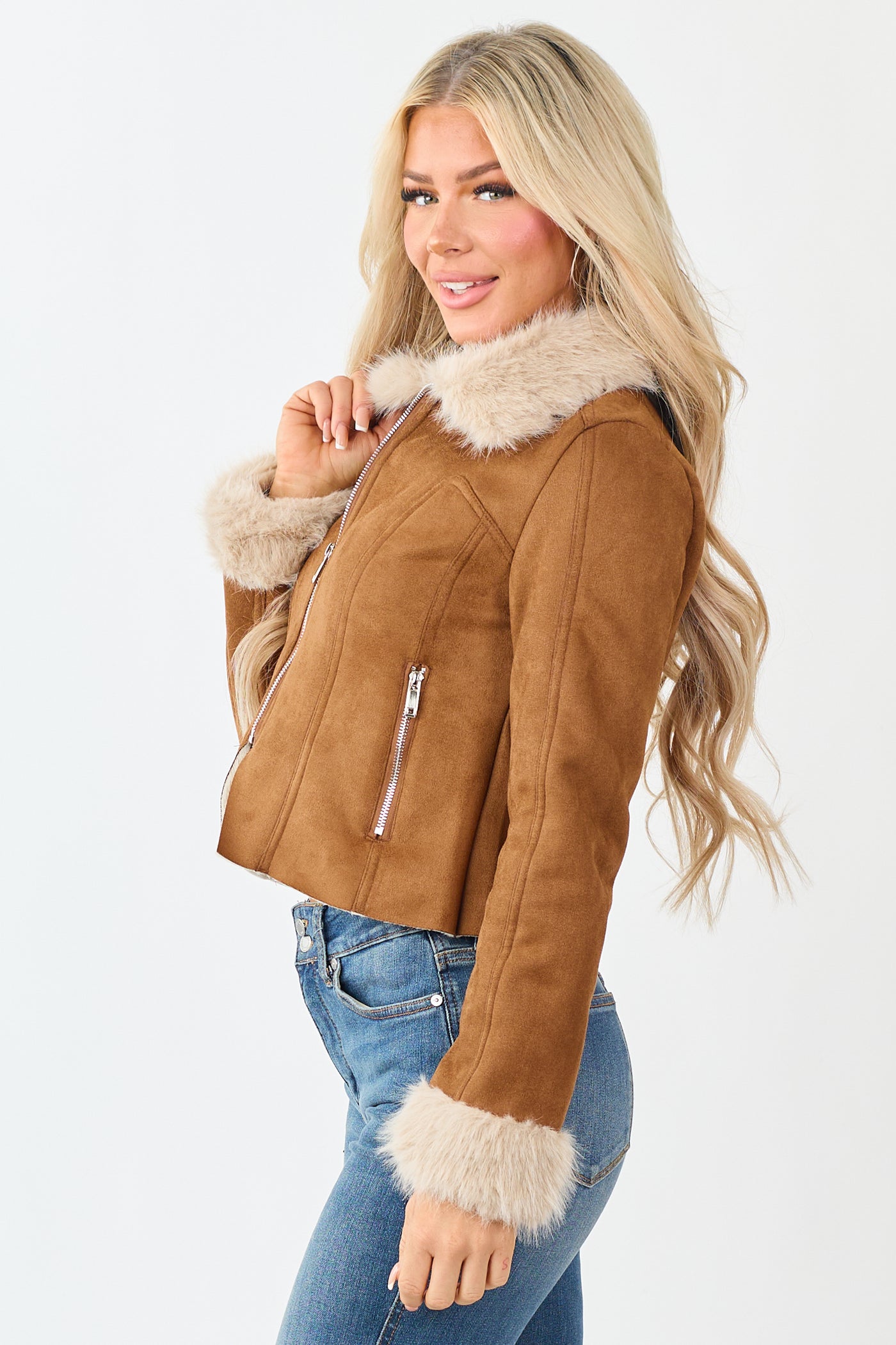 Cognac Faux Suede Fur Collar Zip Up Jacket